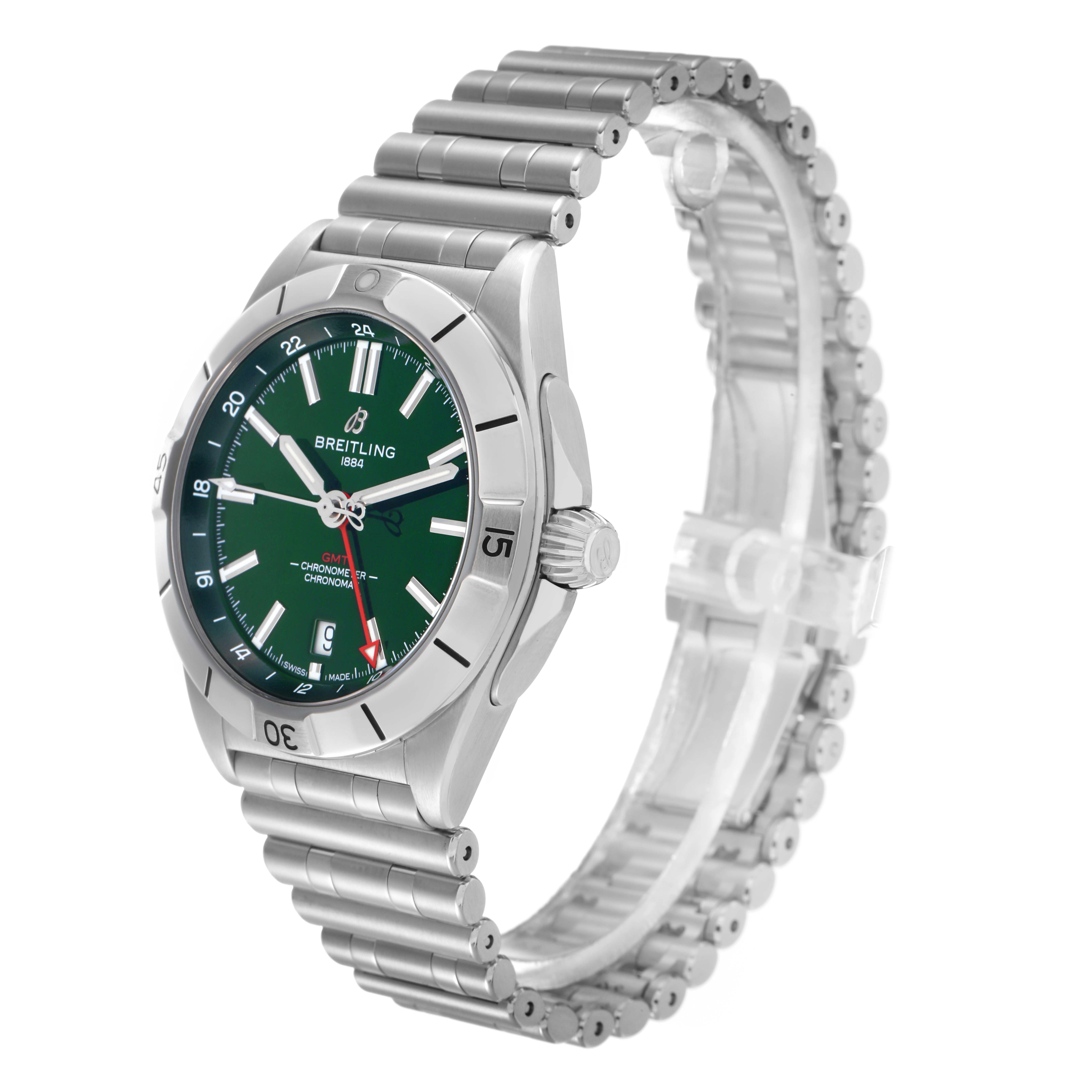 The Breitling Chronomat A32398 Men
s Stainless Steel Green Dial watch is shown at a three-quarter angle, highlighting the face, bezel, crown, and stainless steel bracelet.