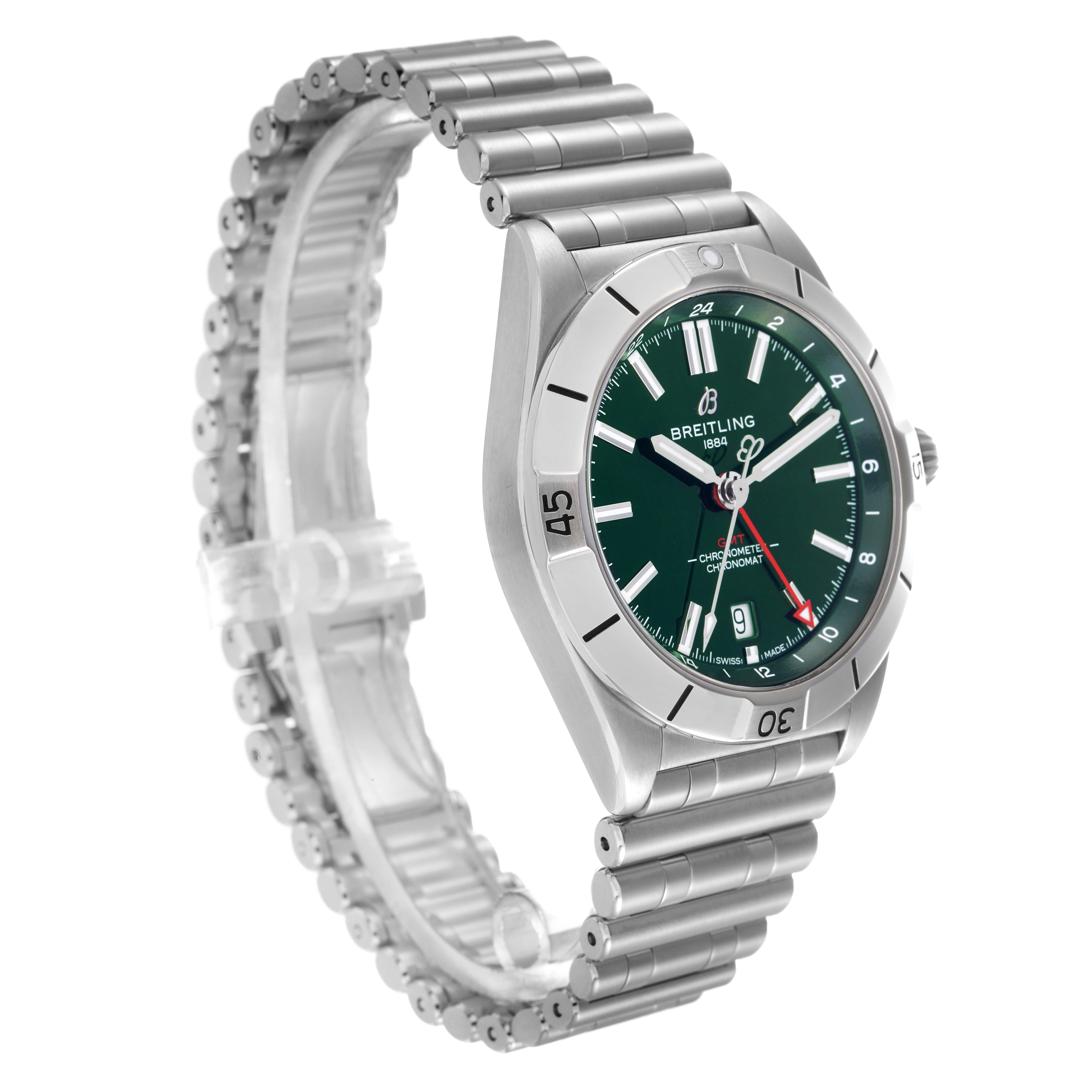 The Breitling Chronomat A32398 Men
s Stainless Steel Green Dial watch is shown from a front angle, displaying its face, bezel, and part of the bracelet.