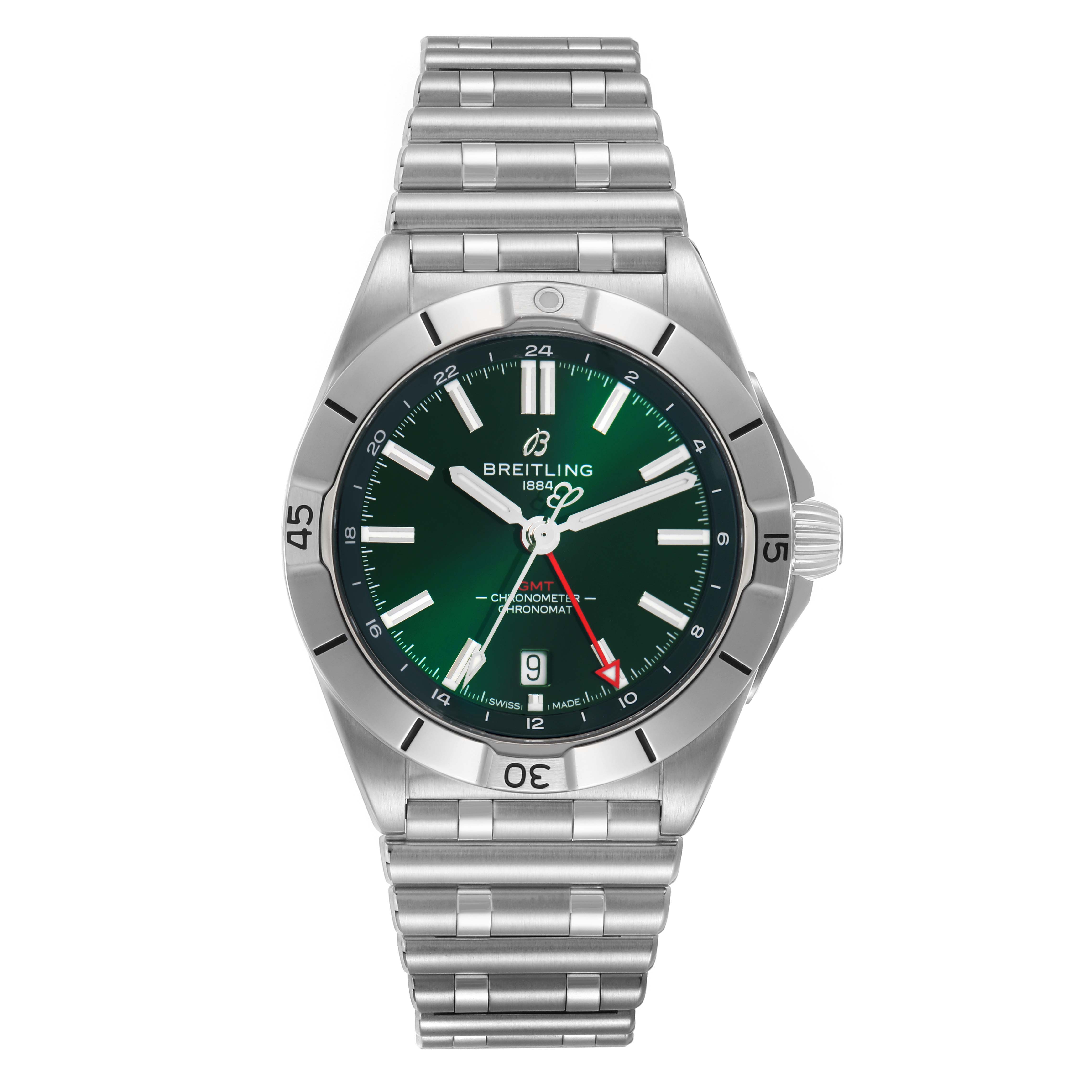 The Breitling Chronomat A32398 Men
s Stainless Steel Green Dial watch is shown from the front, displaying the dial, bezel, case, crown, and bracelet.