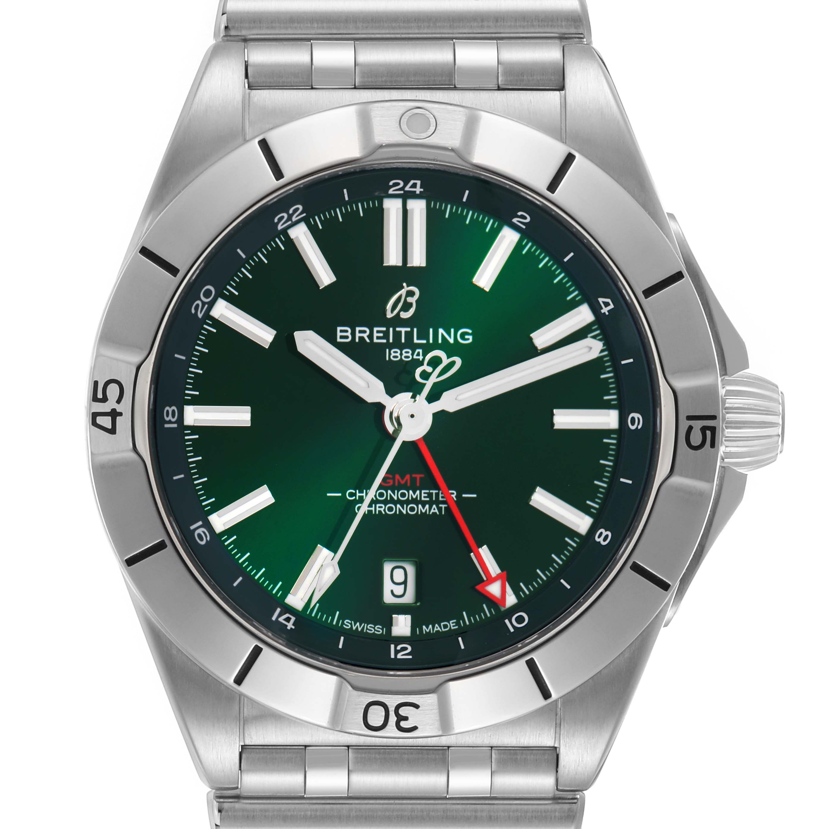 The Breitling Chronomat A32398 Men
s Stainless Steel Green Dial watch is shown head-on, displaying the green dial, bezel, hands, and part of the bracelet.