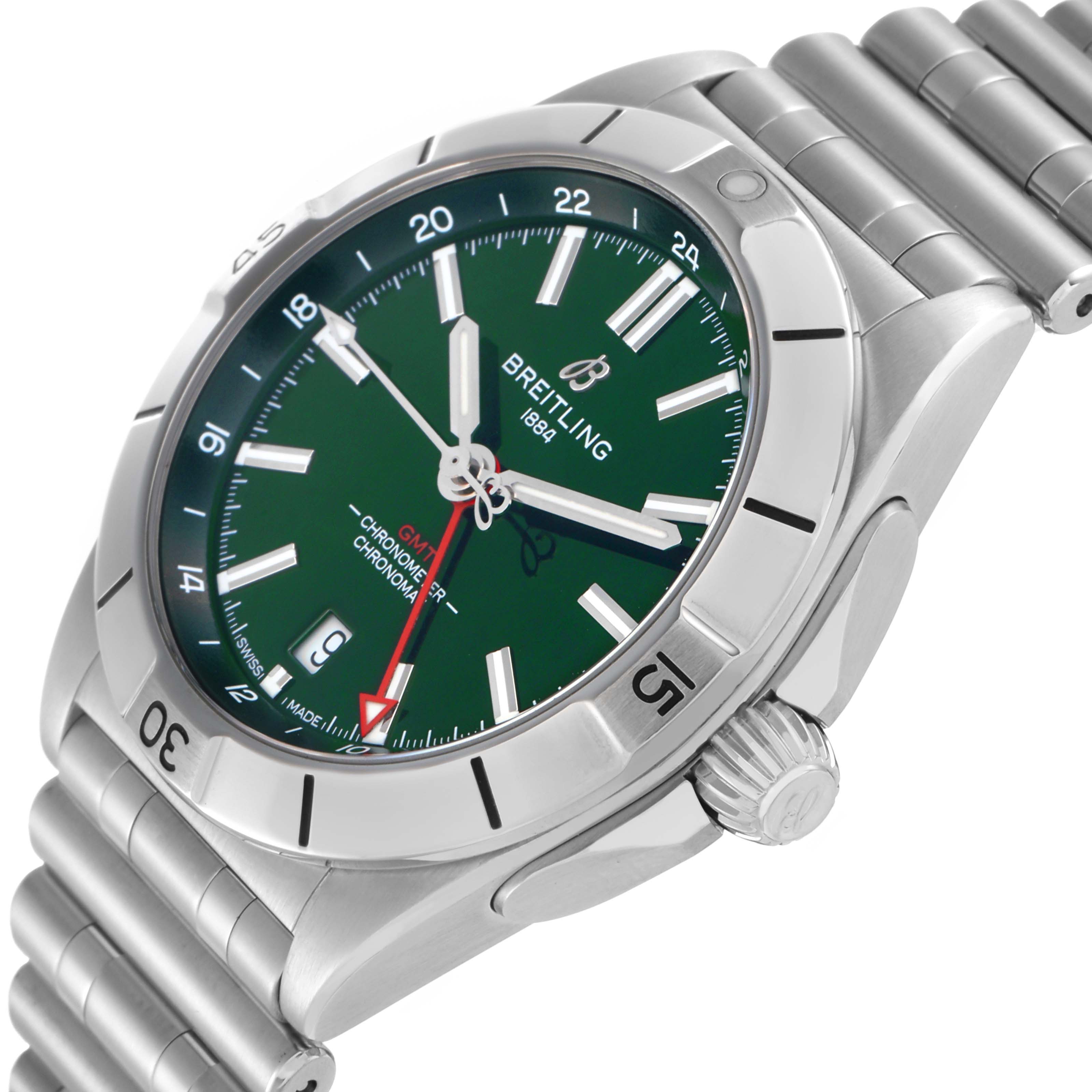 The Breitling Chronomat A32398 Men
s Stainless Steel Green Dial watch is shown at an angle displaying its green dial, bezel, crown, and part of the bracelet.