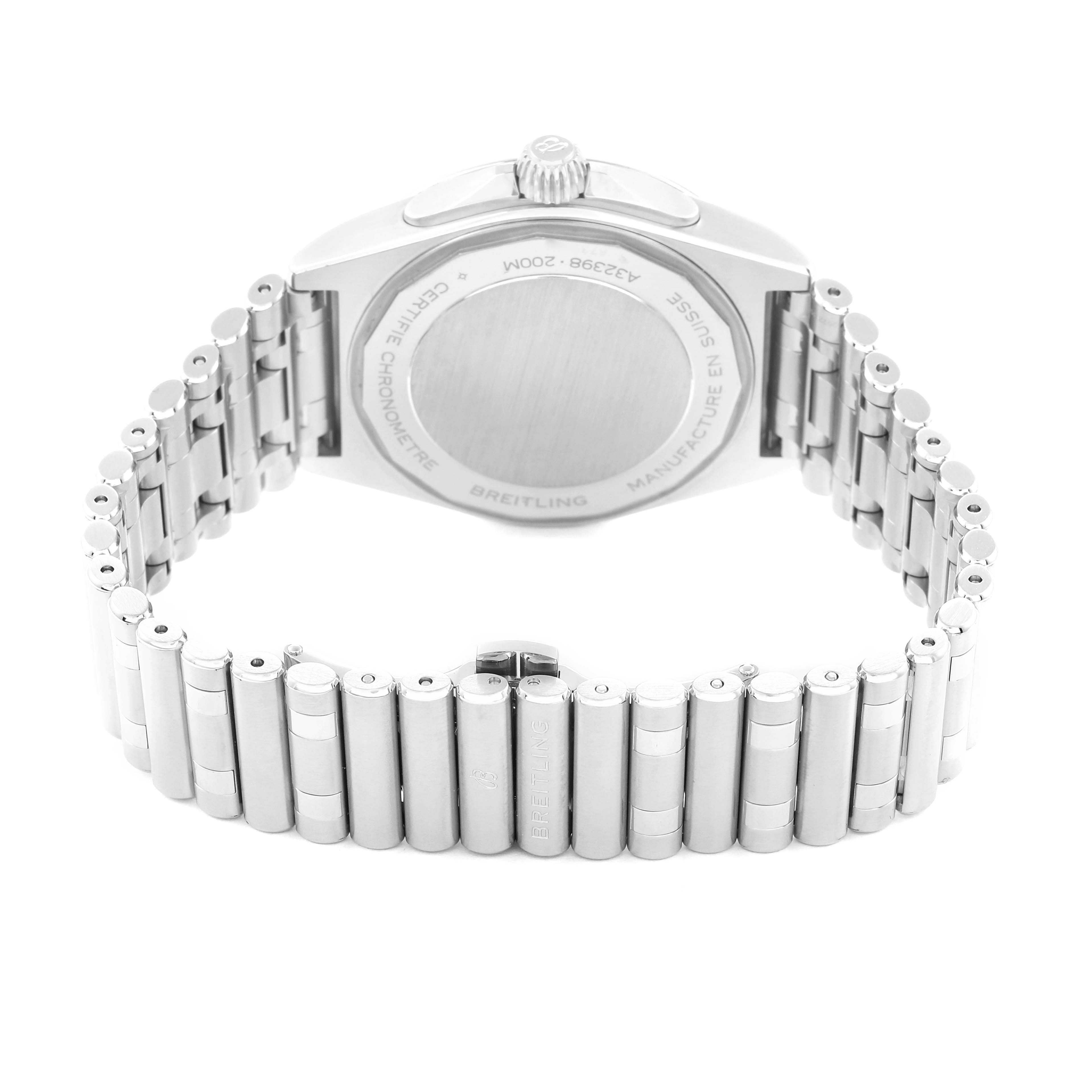 The image shows the back of a Breitling Chronomat A32398 Men
s Stainless Steel Green Dial watch, highlighting the case back and metal bracelet from a rear angle.