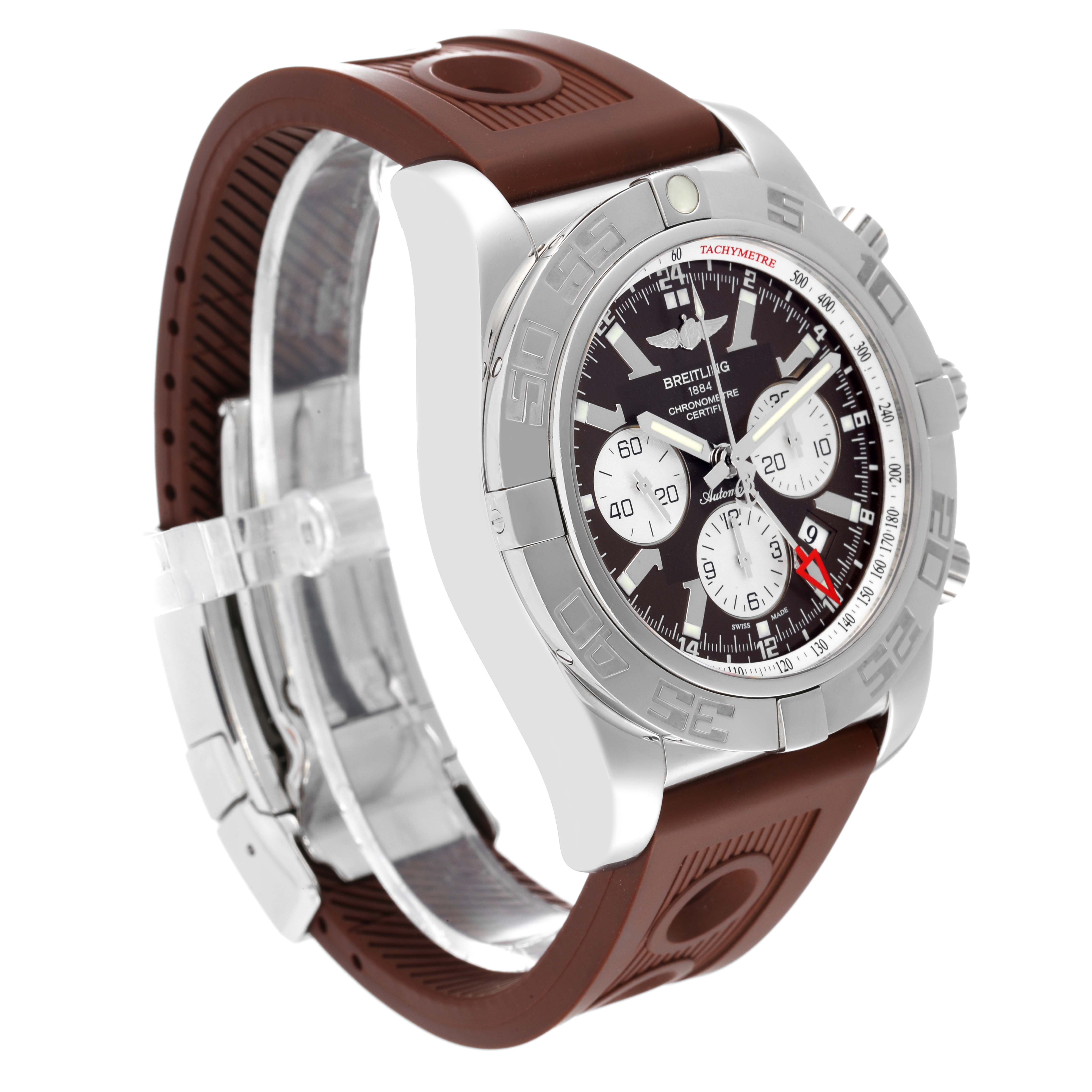 This image shows a side angle view of a Breitling Chronomat AB0410 Men's Stainless Steel Brown Dial AB0410 Men's Stainless Steel Brown Dial watch, highlighting its face, bezel, and brown rubber strap.