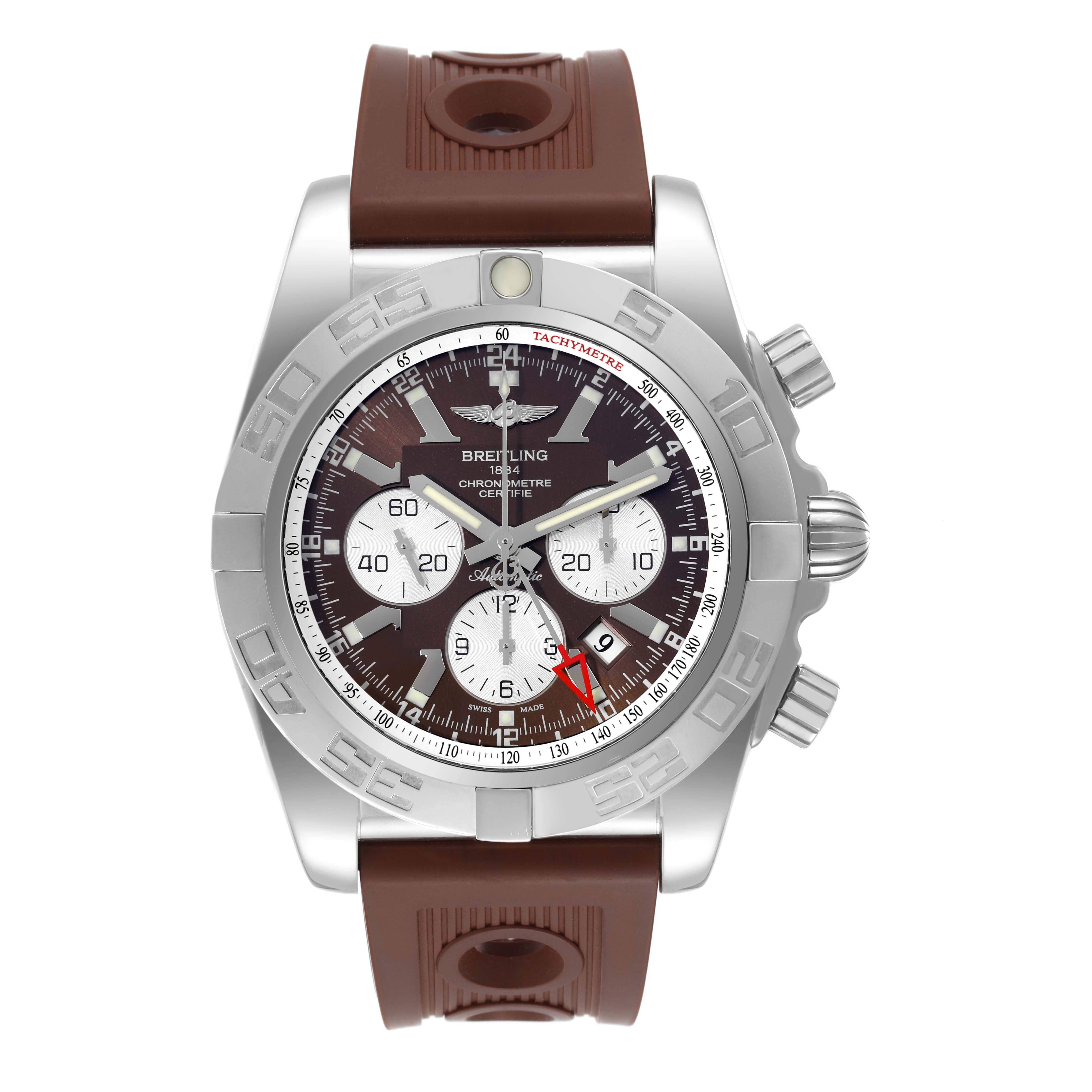This image shows a front view of a Breitling Chronomat AB0410 Men's Stainless Steel Brown Dial AB0410 Men's Stainless Steel Brown Dial watch, showcasing its dial, bezel, and brown rubber strap.