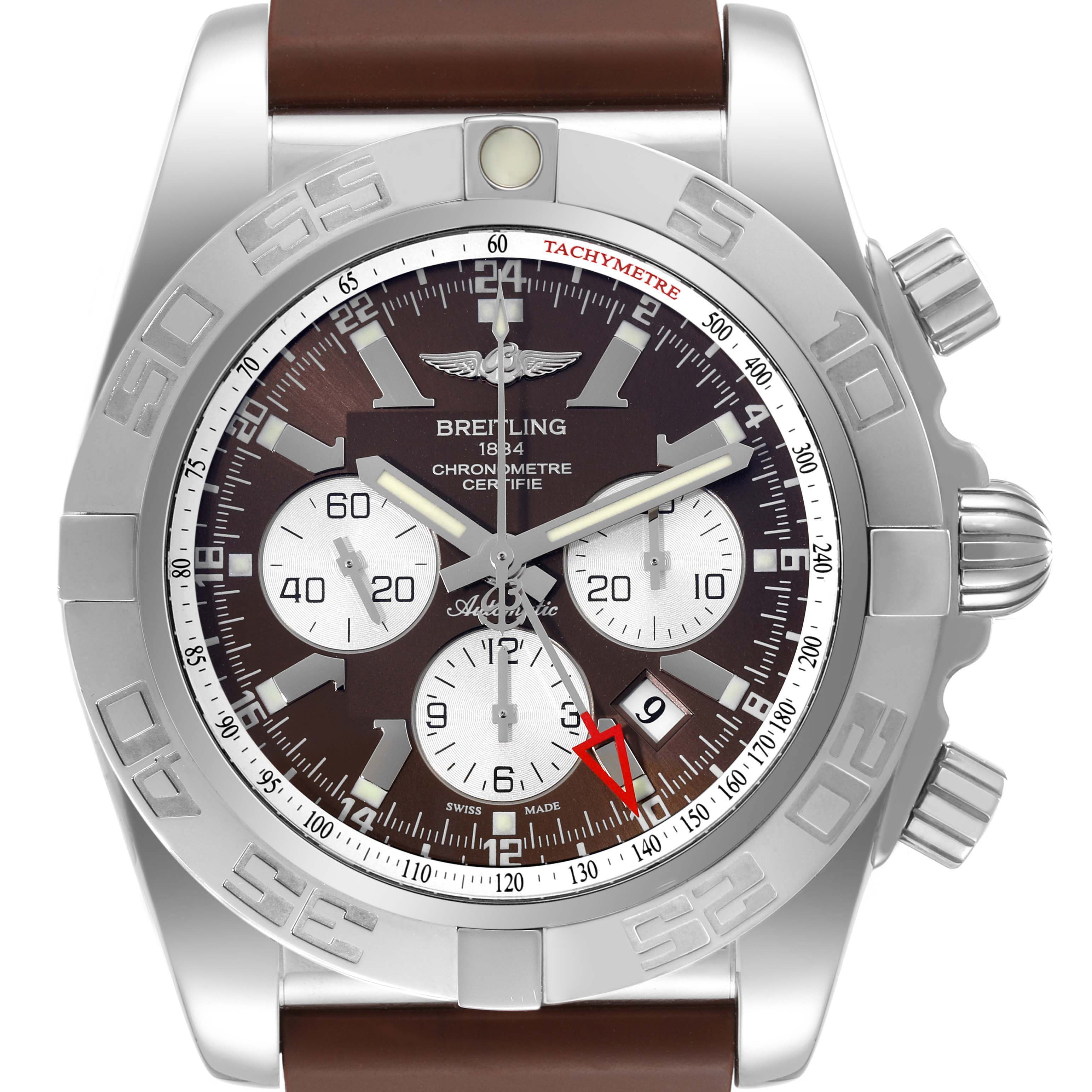 The image shows a front view of the Breitling Chronomat AB0410 Men's Stainless Steel Brown Dial AB0410 Men's Stainless Steel Brown Dial watch, highlighting its dial, bezel, chronograph subdials, and tachymeter scale.