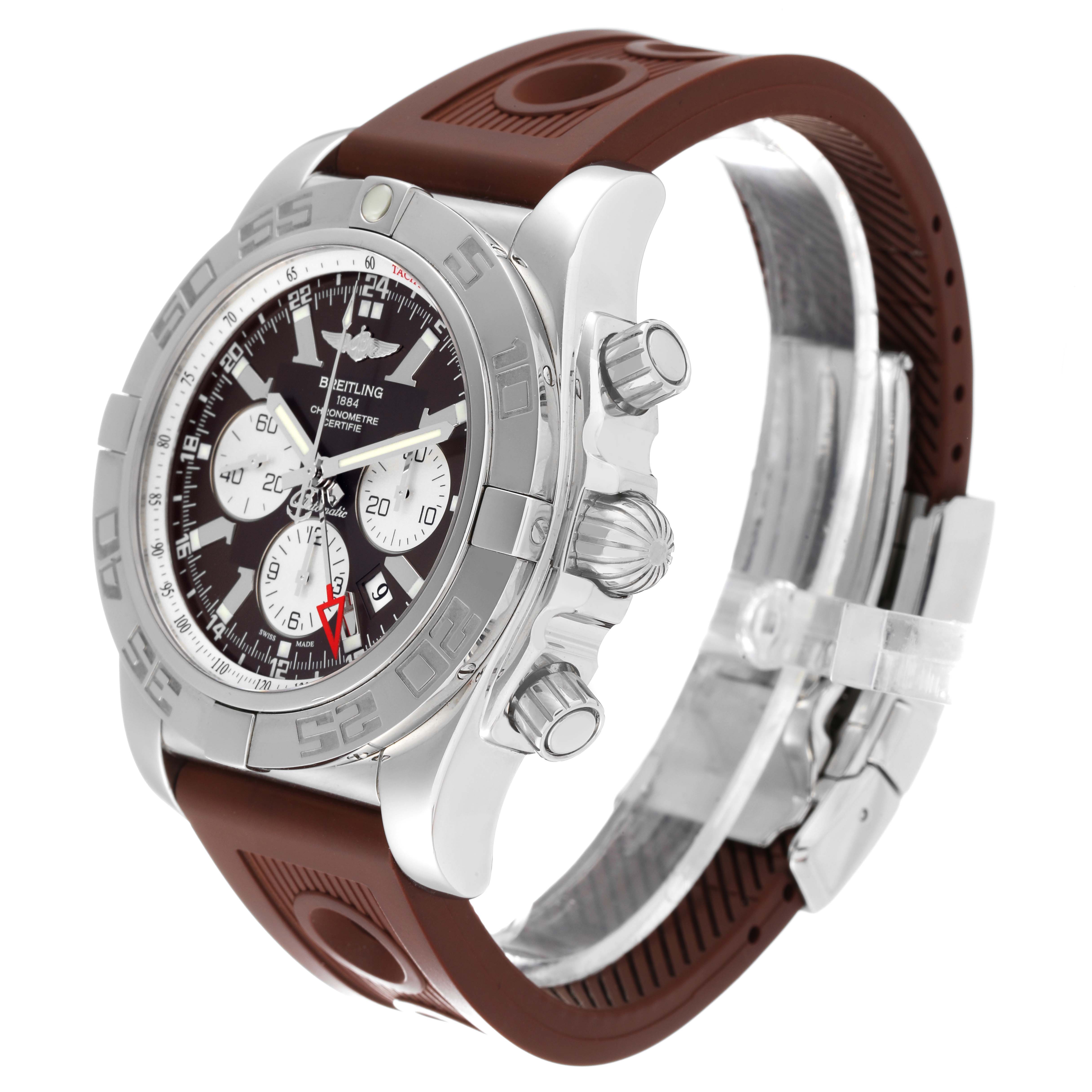 This image shows a side-angle view of the Breitling Chronomat AB0410 Men's Stainless Steel Brown Dial AB0410 Men's Stainless Steel Brown Dial watch, displaying the bezel, dial, pushers, and brown strap.