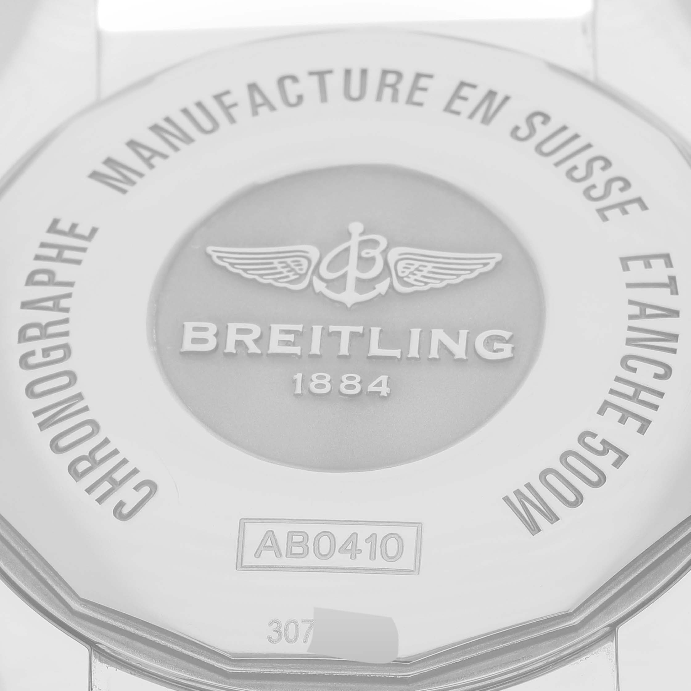 The image shows the back case of a Breitling Chronomat AB0410 Men's Stainless Steel Brown Dial AB0410 Men's Stainless Steel Brown Dial watch, highlighting the brand, model number (AB0410), and water resistance.