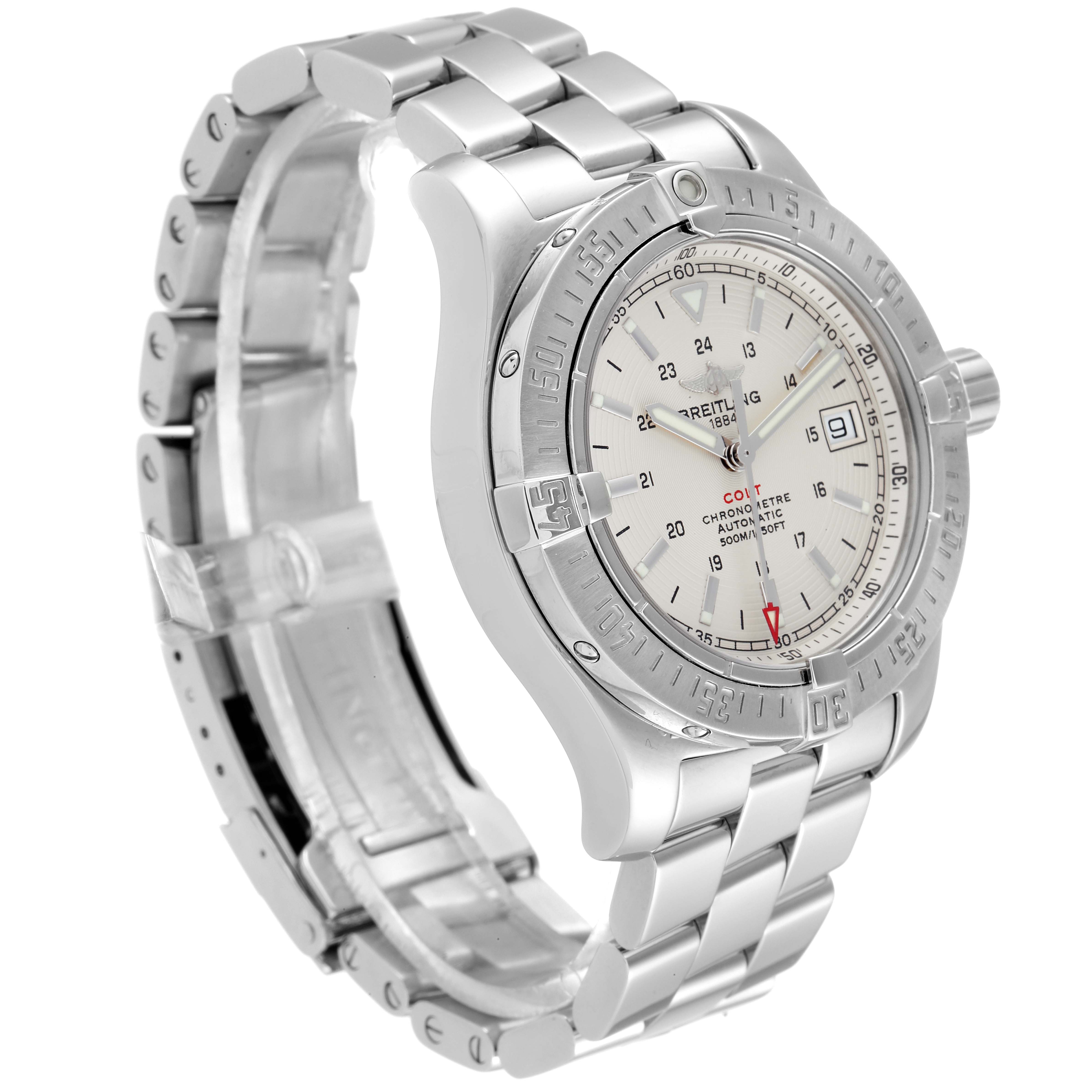 The image shows a Breitling Colt A17380 Men's Stainless Steel Silver Dial A17380 Men's Stainless Steel Silver Dial watch at a slight angle, highlighting its face, bezel, and stainless steel strap.