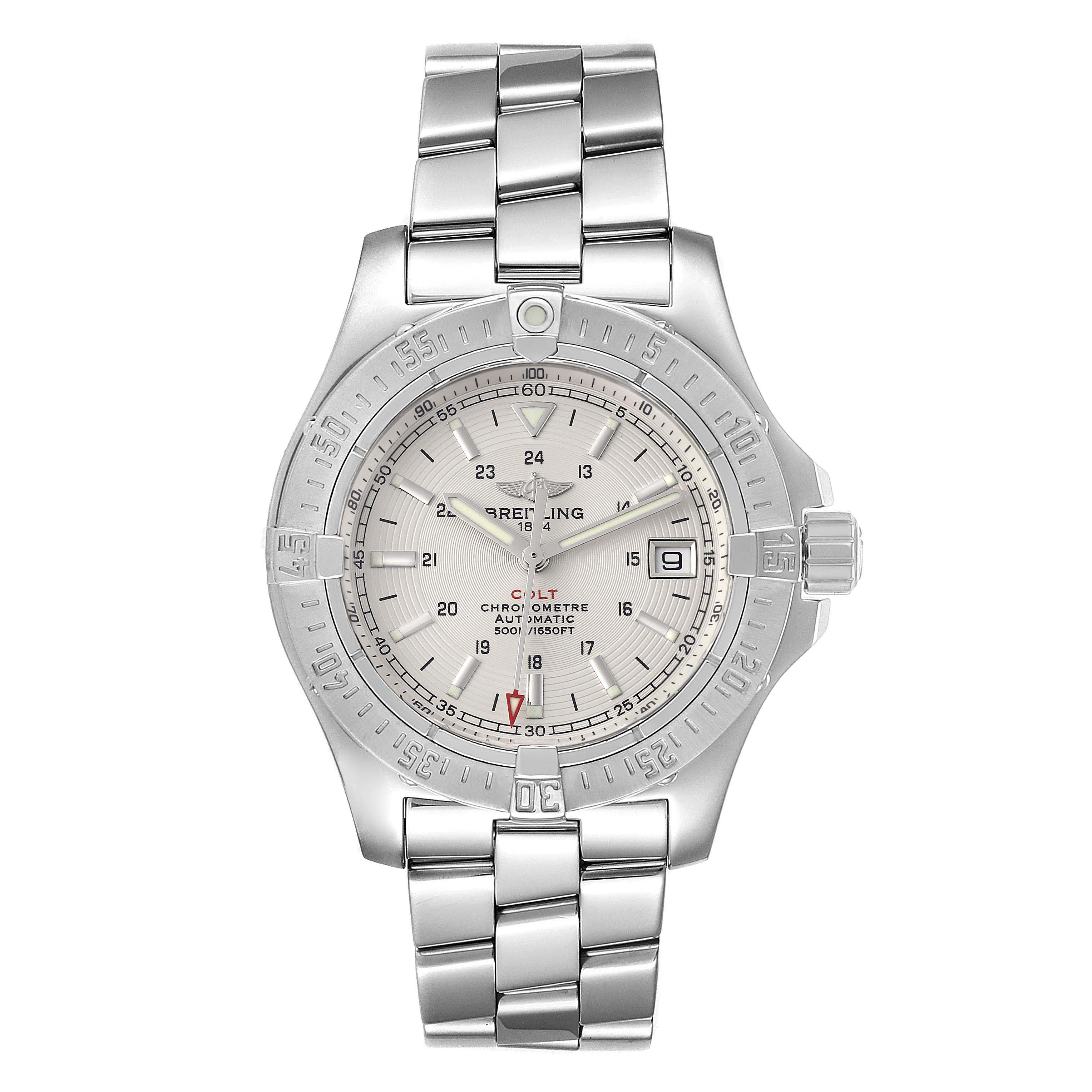 The image shows a front view of the Breitling Colt A17380 Men's Stainless Steel Silver Dial A17380 Men's Stainless Steel Silver Dial watch, highlighting its stainless steel bracelet and detailed dial.