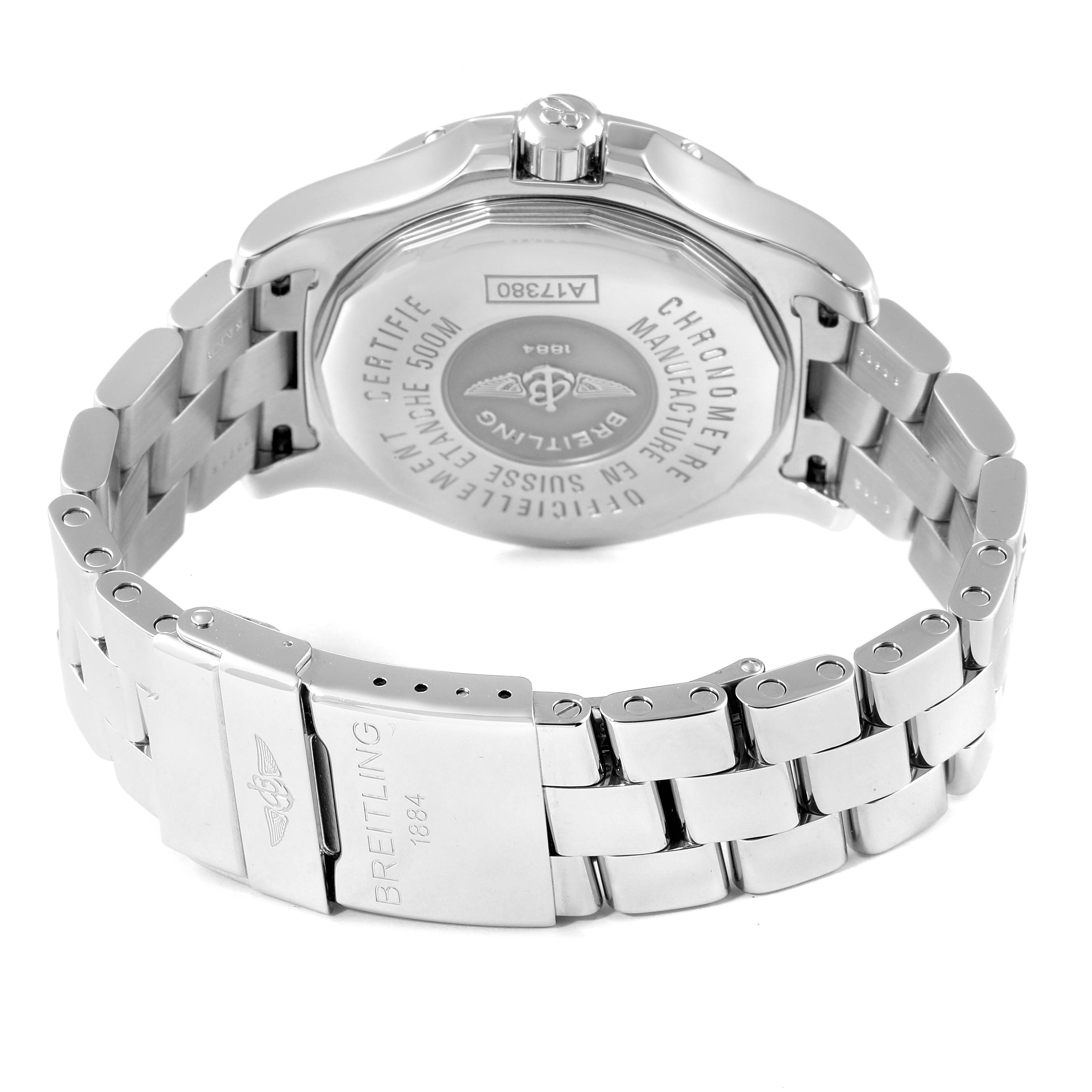 This image shows the back case and stainless steel bracelet clasp of the Breitling Colt A17380 Men's Stainless Steel Silver Dial A17380 Men's Stainless Steel Silver Dial model watch.