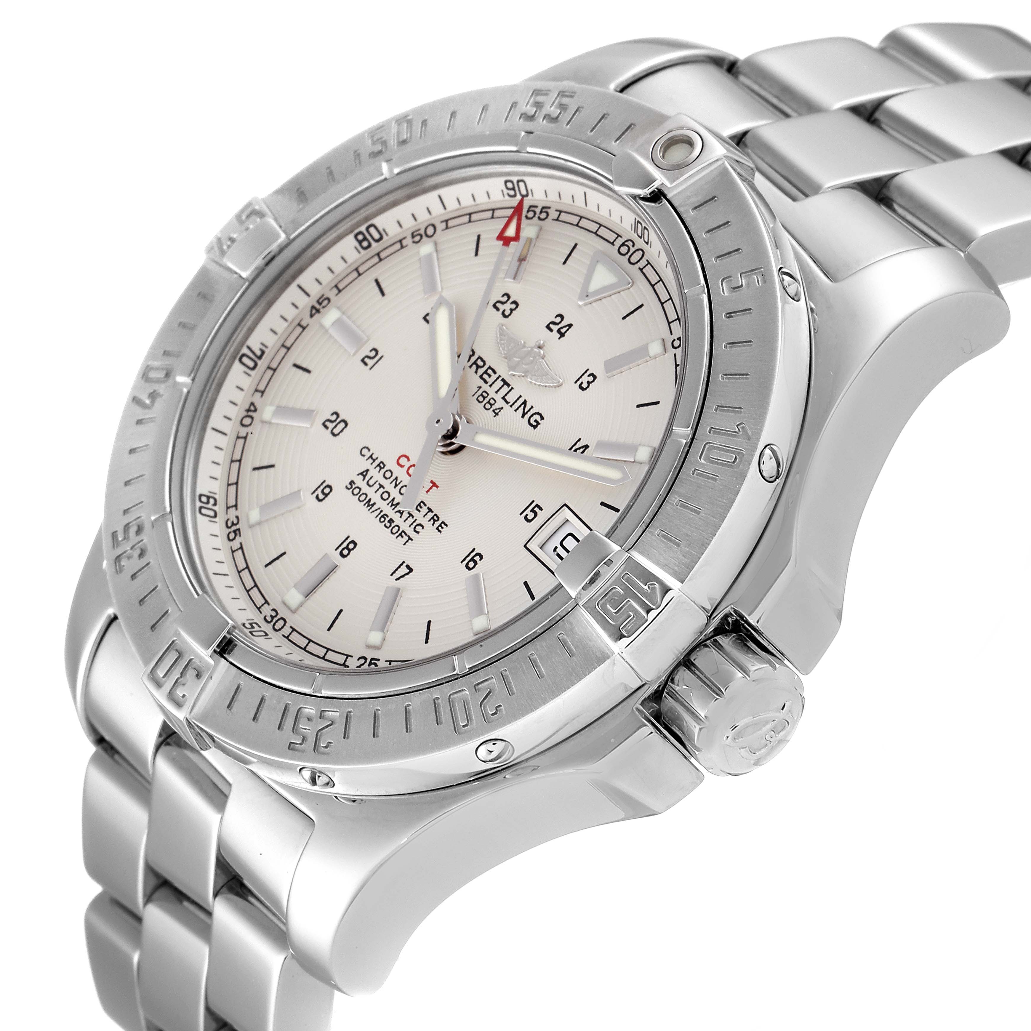 This image shows a side-angle view of the Breitling Colt A17380 Men's Stainless Steel Silver Dial A17380 Men's Stainless Steel Silver Dial watch, highlighting the dial, bezel, and bracelet.