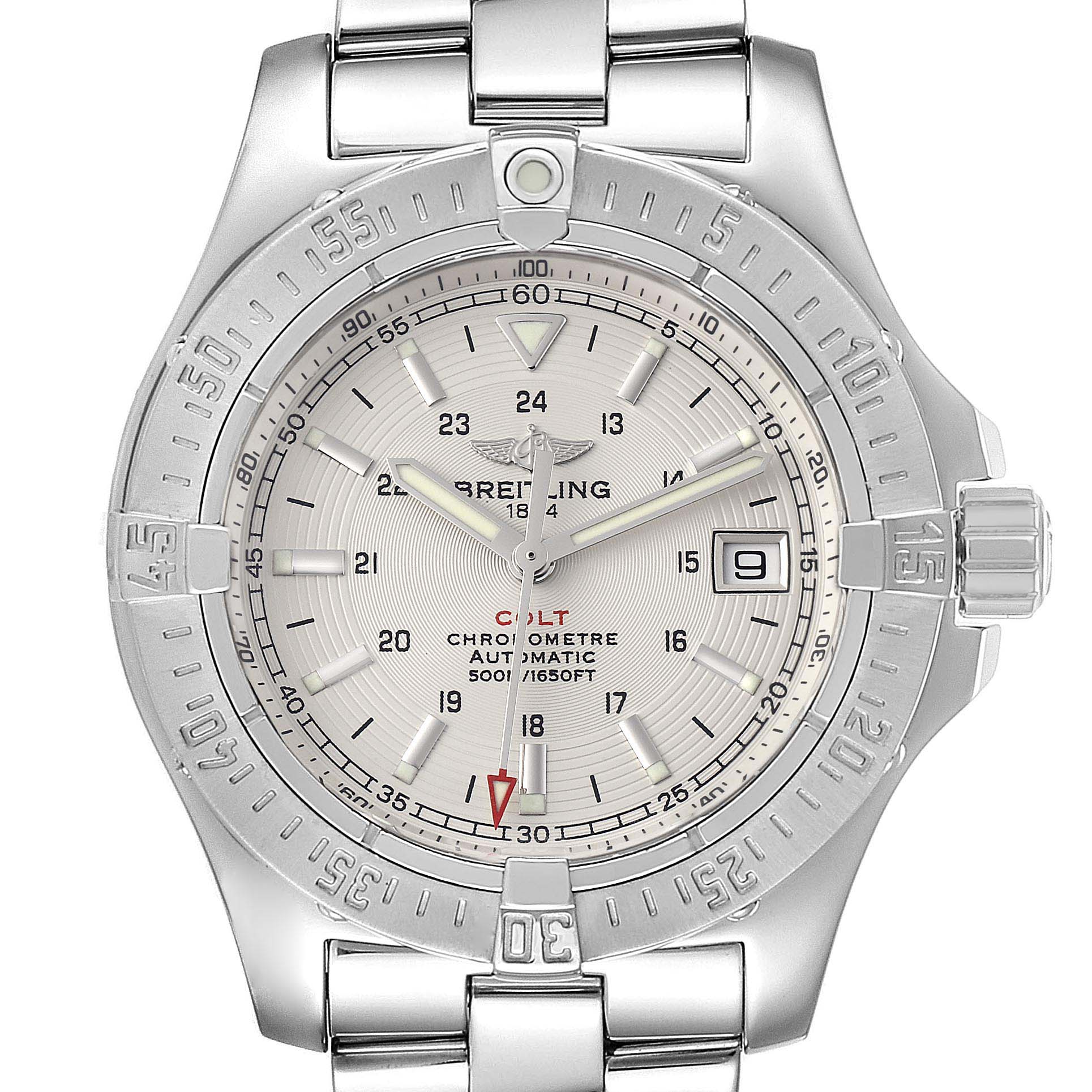 The image shows a front view of the Breitling Colt A17380 Men's Stainless Steel Silver Dial A17380 Men's Stainless Steel Silver Dial watch, highlighting the dial, bezel, and part of the stainless steel bracelet.