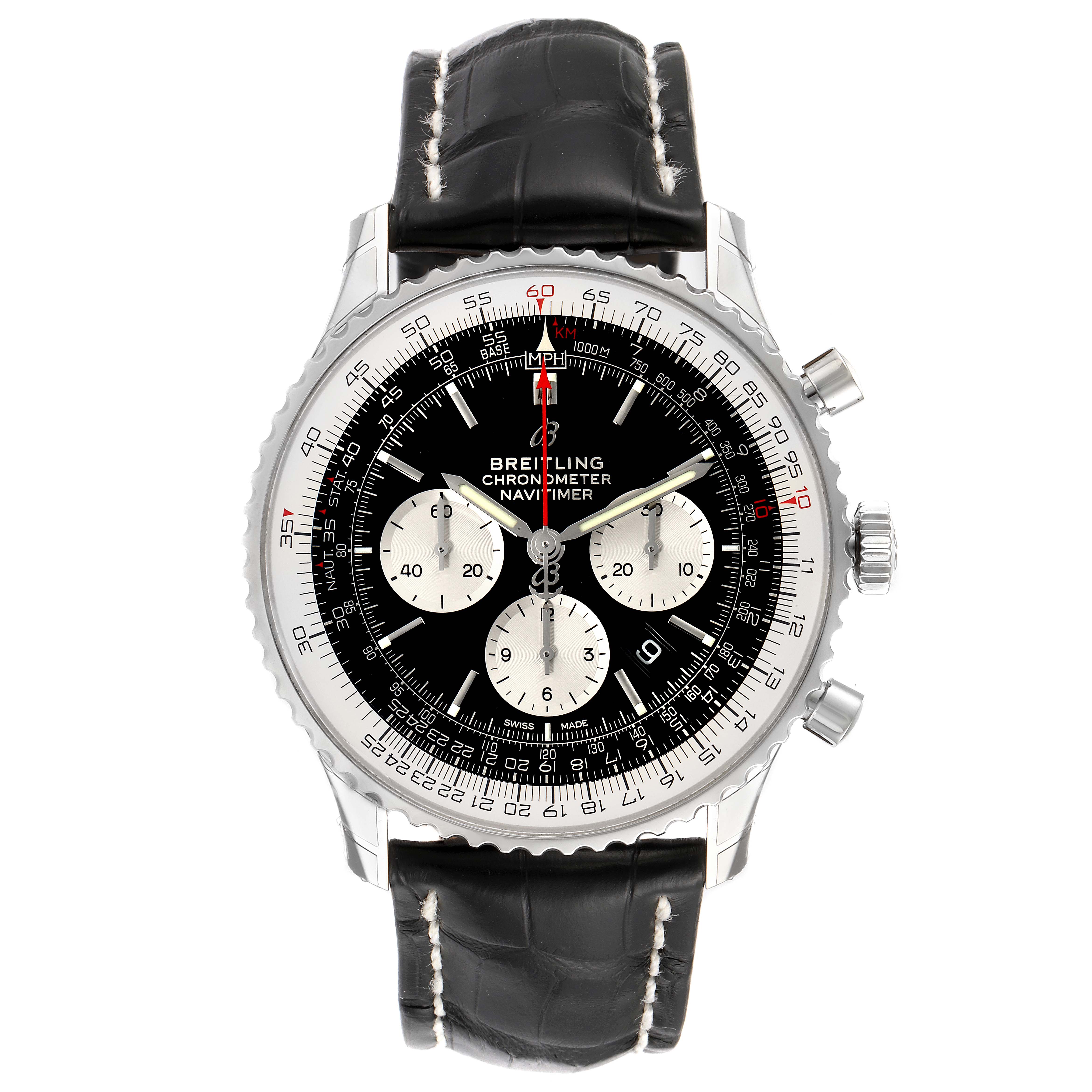The Breitling Navitimer AB0127211C1A1 Men's Stainless Steel Black Dial AB0127211C1A1 Men's Stainless Steel Black Dial watch is shown from the front, displaying its dial, bezel, and black leather strap.