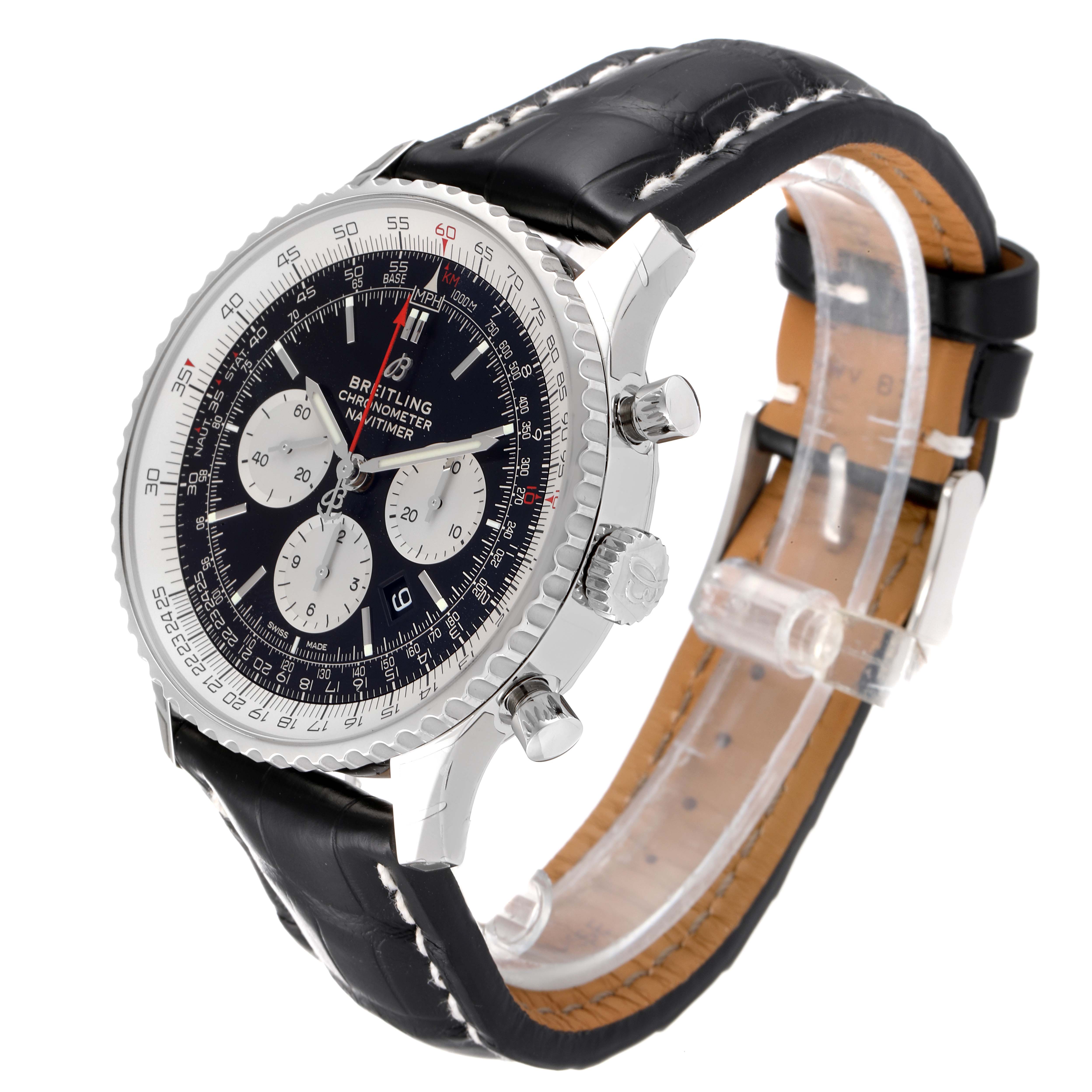 The image shows a Breitling Navitimer AB0127211C1A1 Men's Stainless Steel Black Dial AB0127211C1A1 Men's Stainless Steel Black Dial watch angled slightly to the side, displaying its face, three sub-dials, bezel, and leather strap.