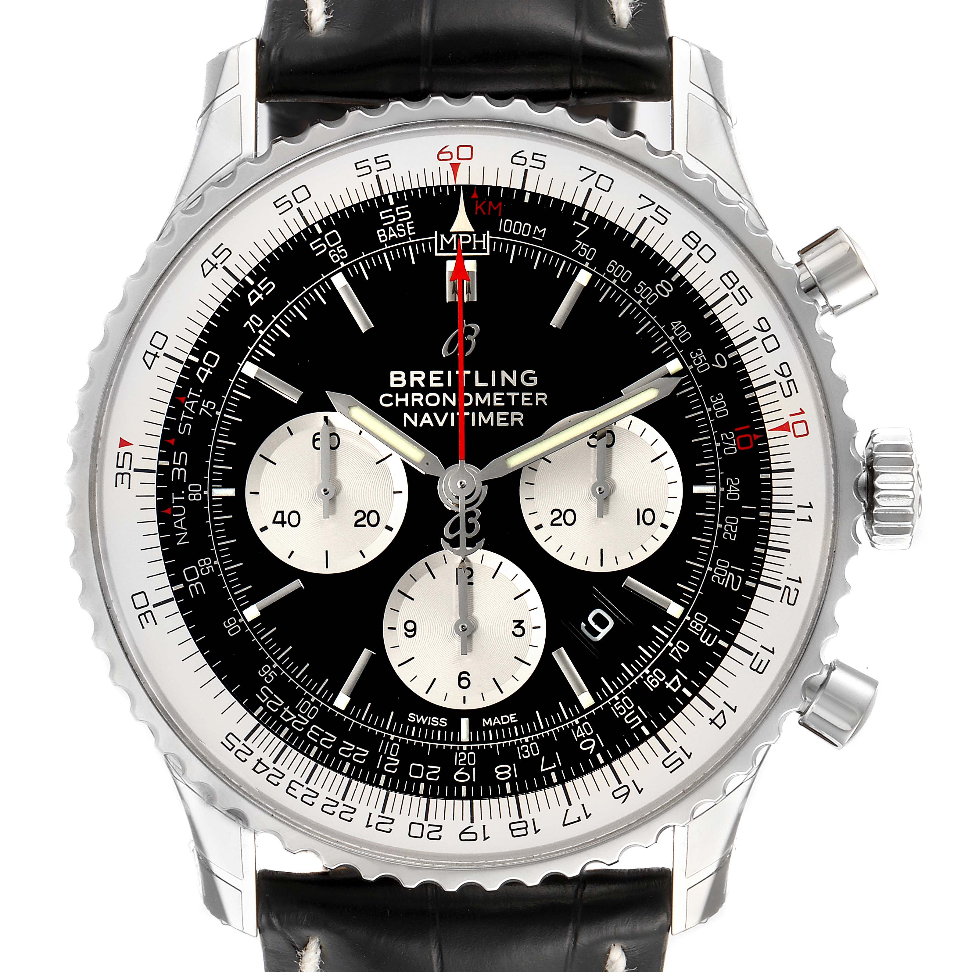 The image shows a front view of the Breitling Navitimer AB0127211C1A1 Men's Stainless Steel Black Dial AB0127211C1A1 Men's Stainless Steel Black Dial watch, highlighting its dial, subdials, bezel, and part of the leather strap.