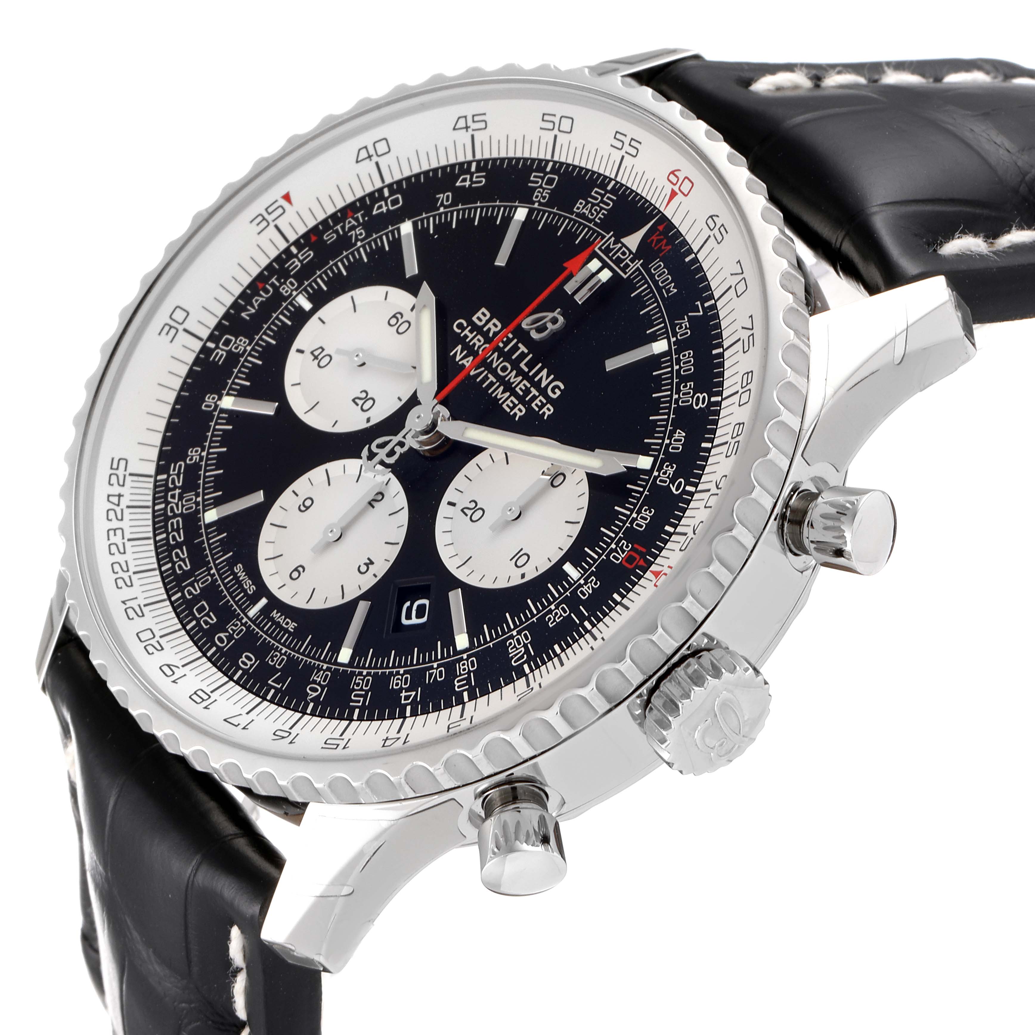 The image shows a side and front angle of a Breitling Navitimer AB0127211C1A1 Men's Stainless Steel Black Dial AB0127211C1A1 Men's Stainless Steel Black Dial watch, highlighting its dial, bezel, and pushers.