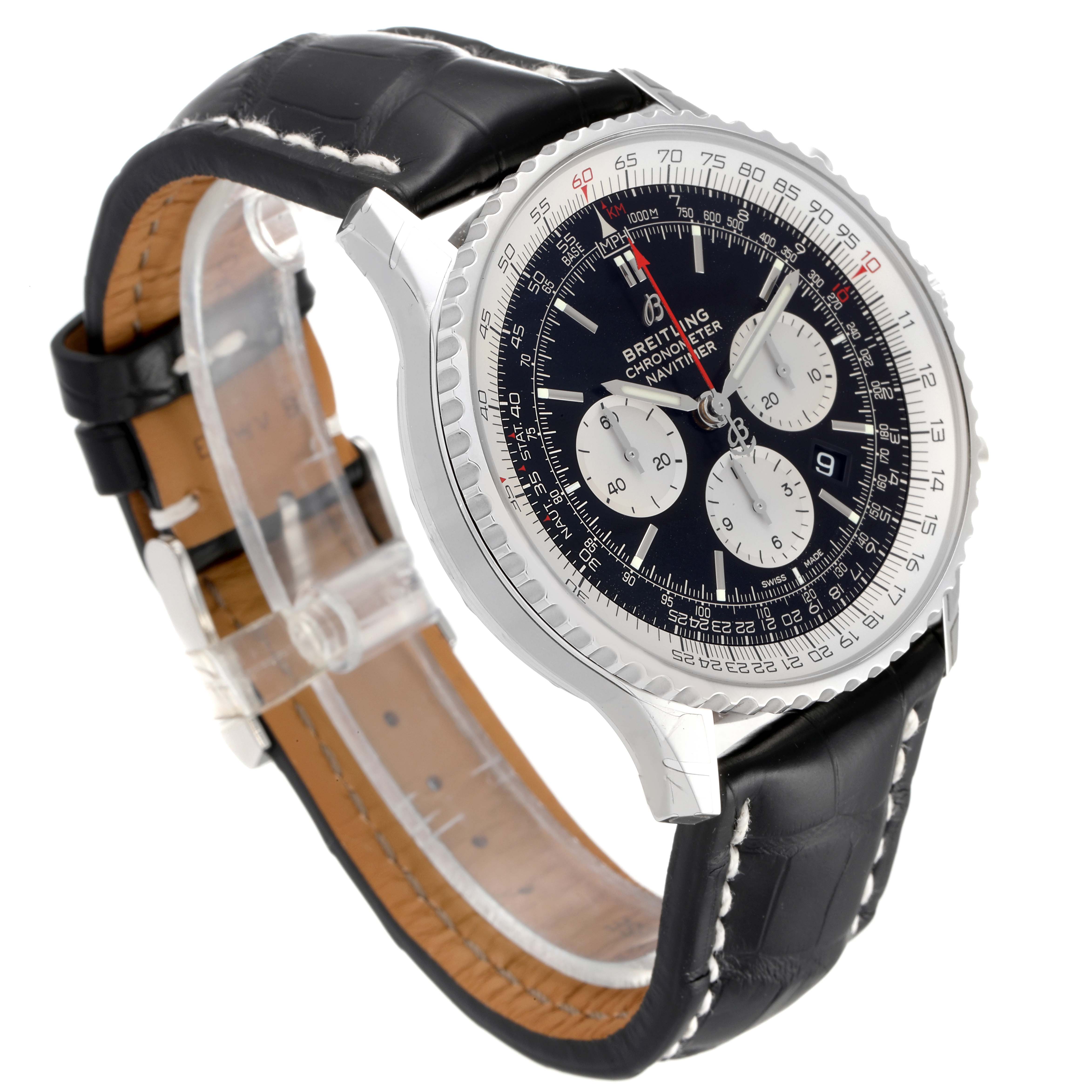The Breitling Navitimer AB0127211C1A1 Men's Stainless Steel Black Dial AB0127211C1A1 Men's Stainless Steel Black Dial watch is shown at a slight angle, highlighting its face, bezel, and black leather strap.