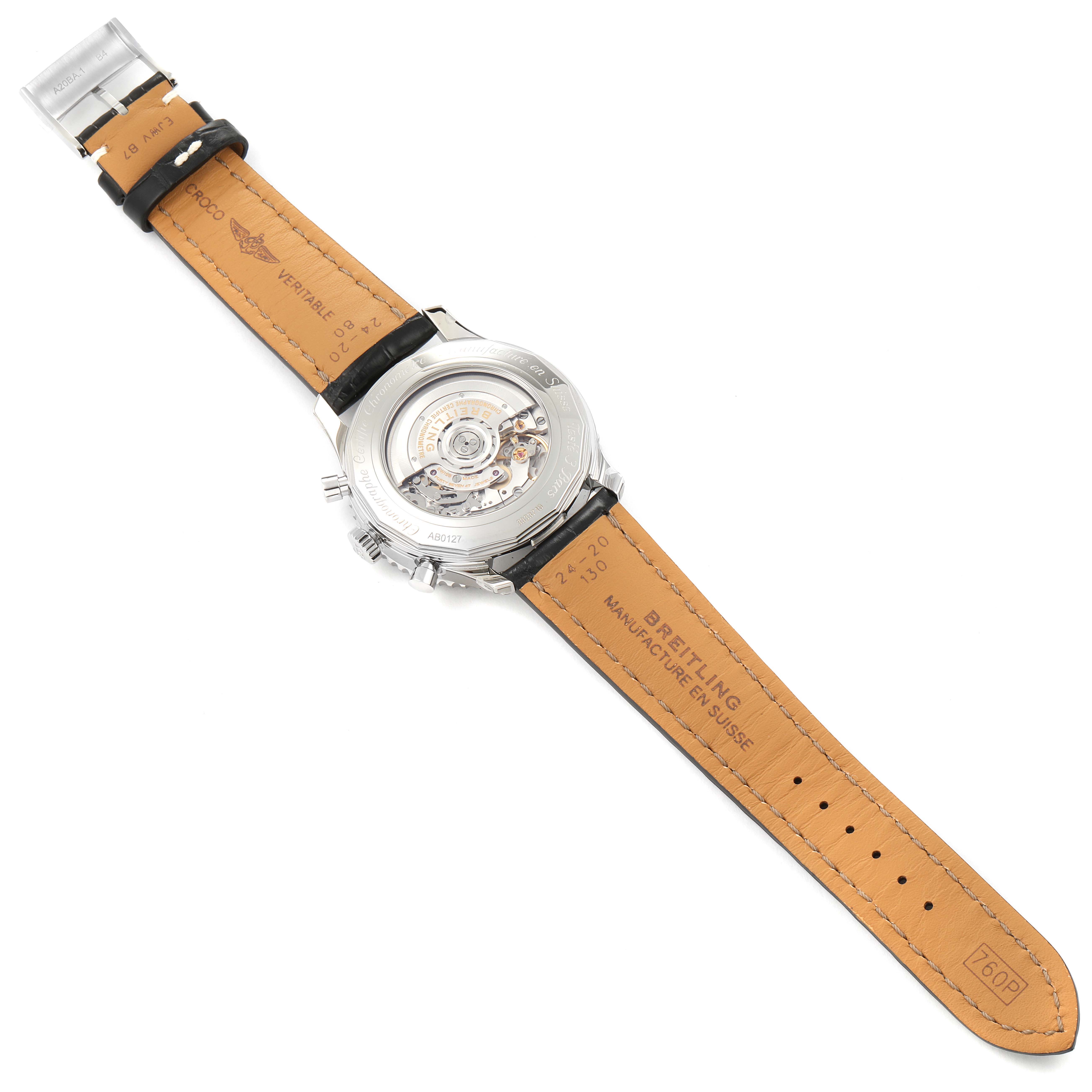 This image shows the back and leather strap of a Breitling Navitimer AB0127211C1A1 Men's Stainless Steel Black Dial AB0127211C1A1 Men's Stainless Steel Black Dial watch, including its exposed movement.