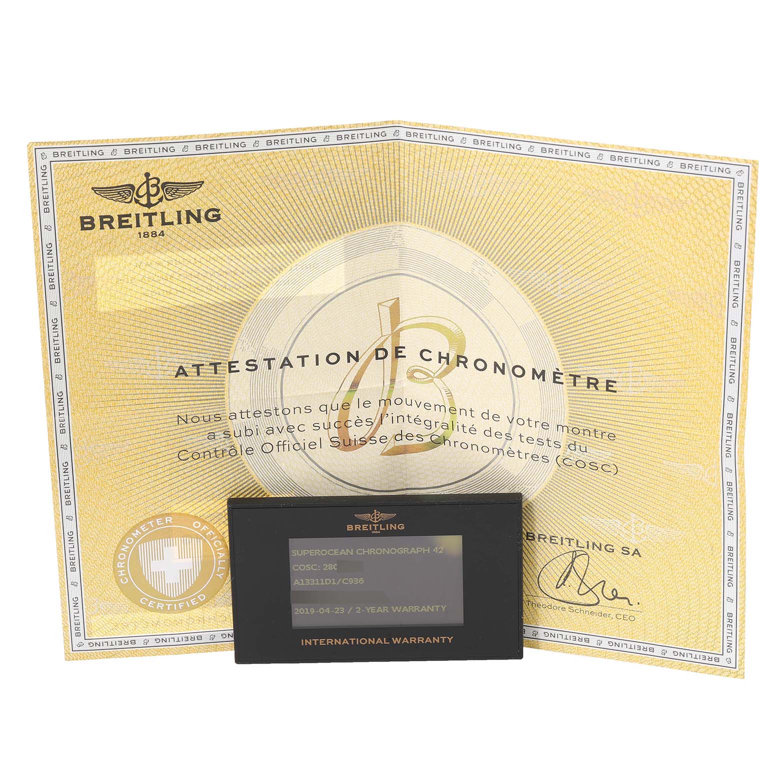 This image shows the certification and warranty card for the Breitling Superocean A13311 Men's Stainless Steel Blue Dial A13311 Men's Stainless Steel Blue Dial model, highlighting its international warranty and chronometer attestation.