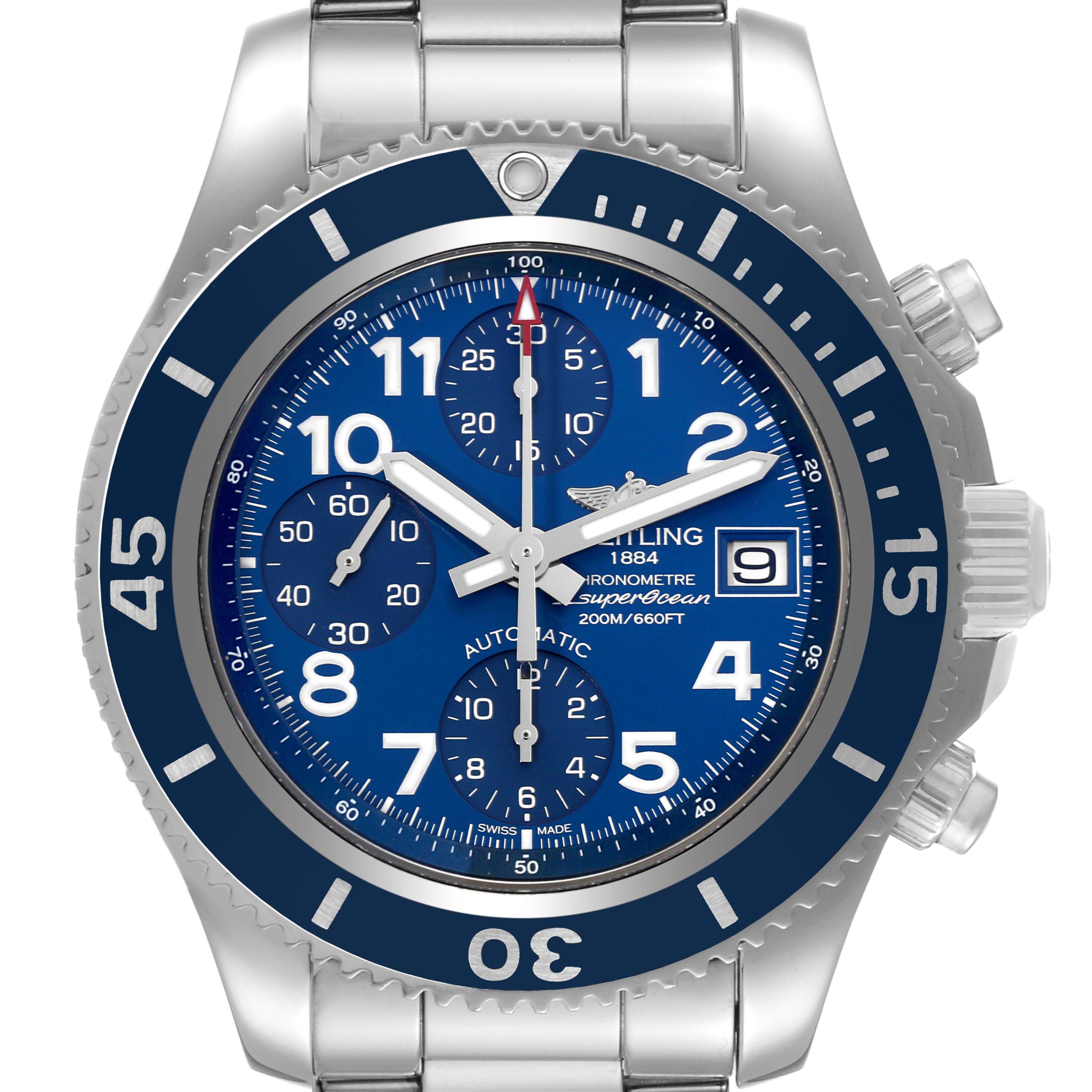 The image shows a frontal view of a Breitling Superocean A13311 Men's Stainless Steel Blue Dial A13311 Men's Stainless Steel Blue Dial watch, displaying the dial, bezel, and part of the bracelet.