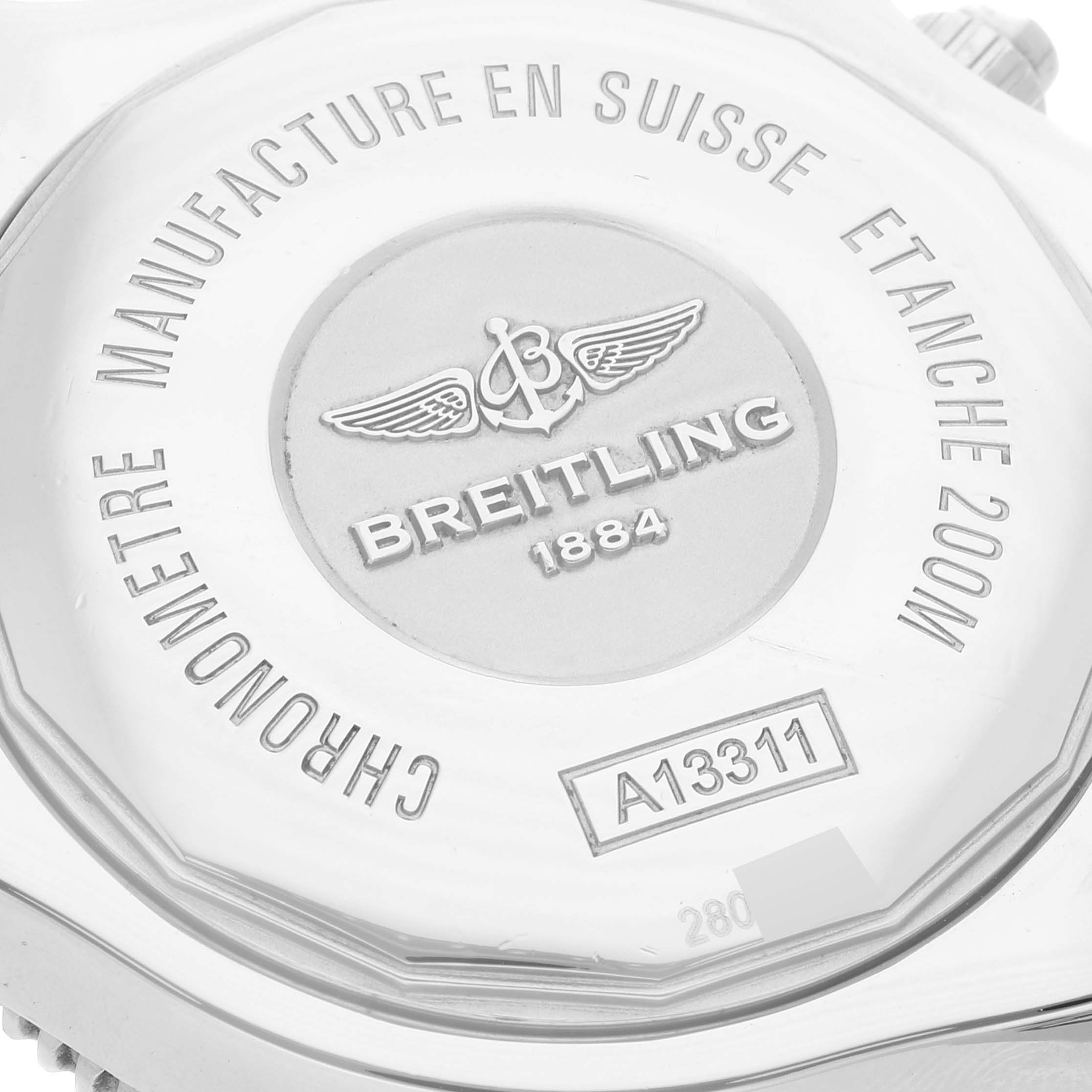 The image shows the back case of the Breitling Superocean A13311 Men's Stainless Steel Blue Dial A13311 Men's Stainless Steel Blue Dial watch, highlighting its brand engraving and model number A13311.