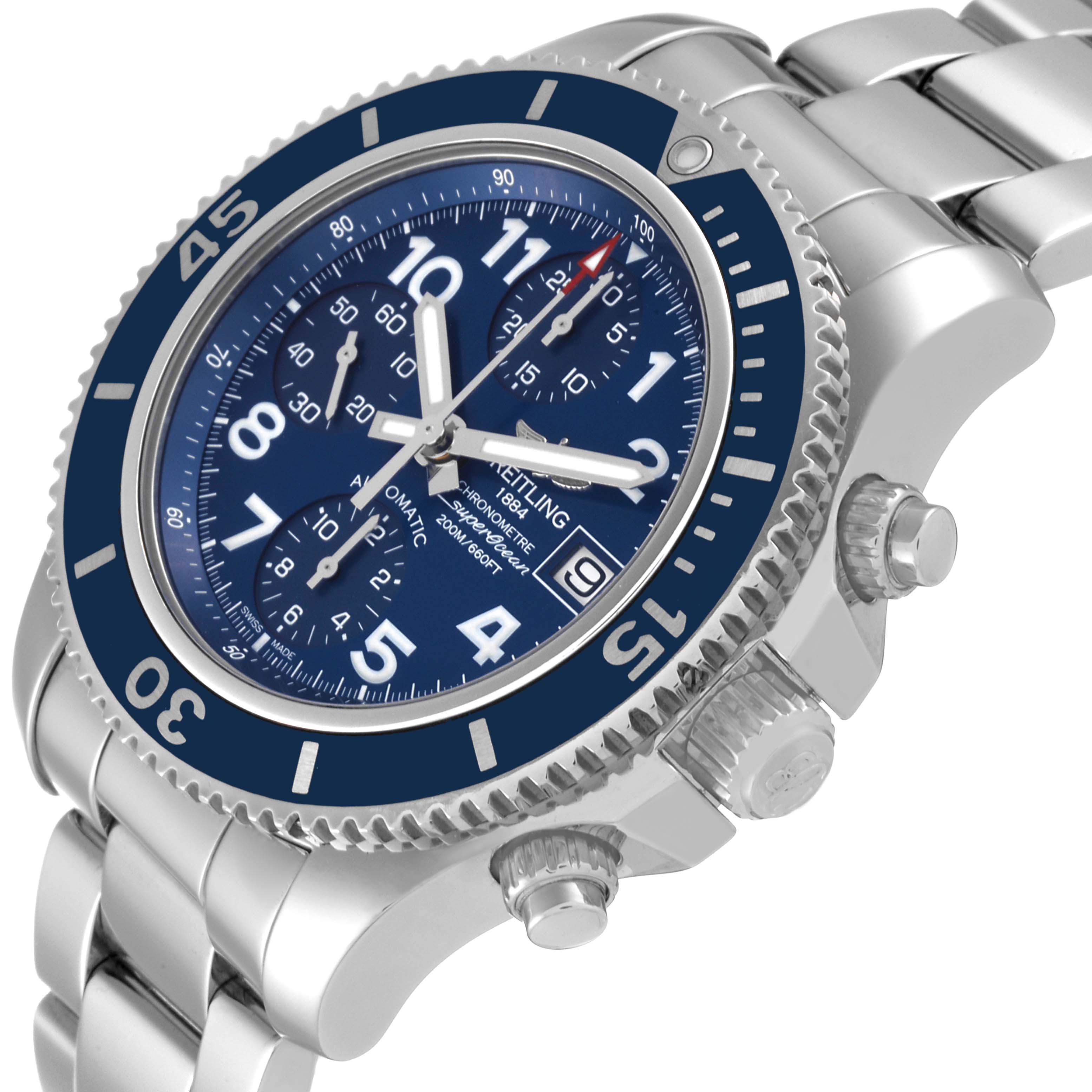 This image shows a close-up of the Breitling Superocean A13311 Men's Stainless Steel Blue Dial A13311 Men's Stainless Steel Blue Dial watch, highlighting the dial, bezel, and two crown buttons from a three-quarter angle.