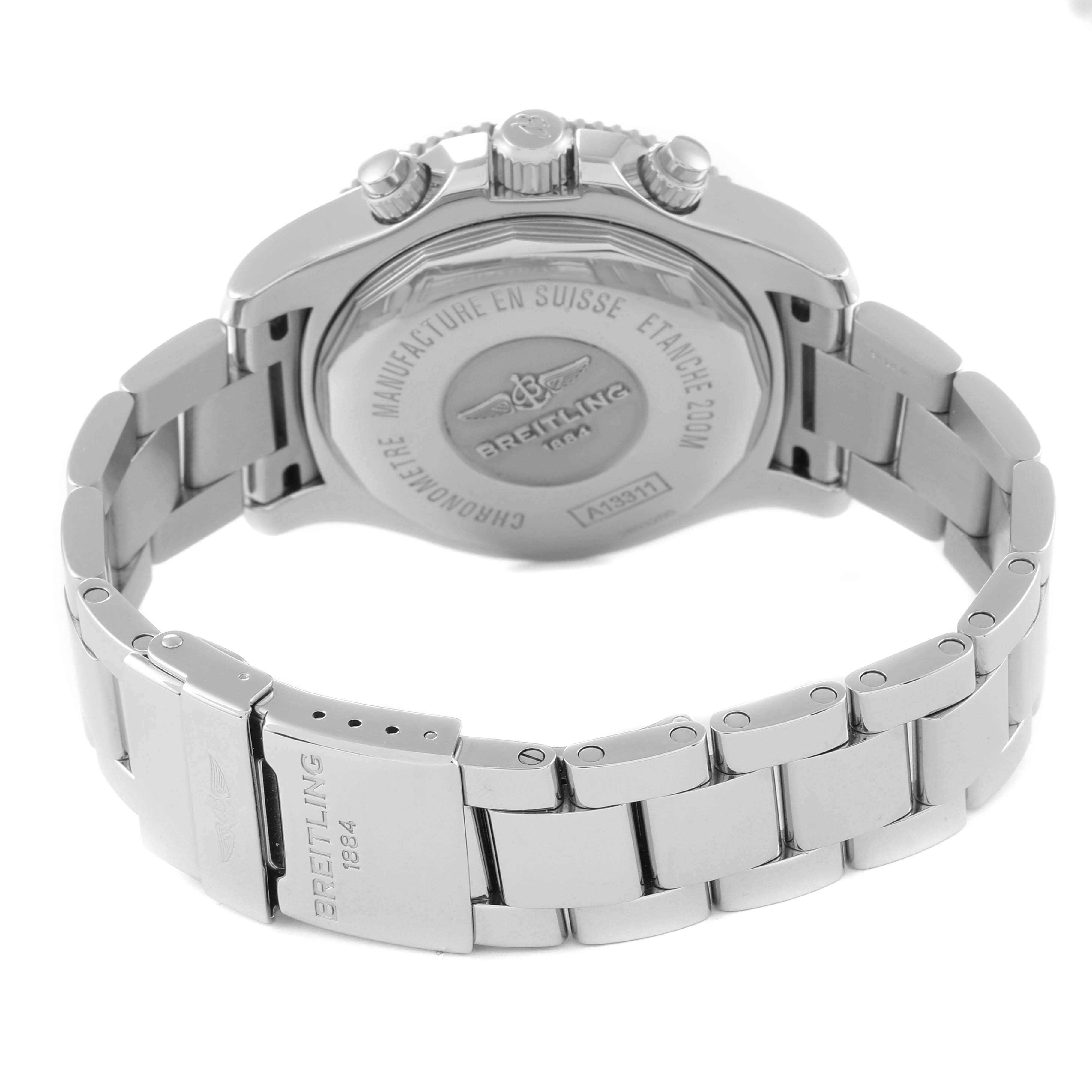 The image shows a rear view of the Breitling Superocean A13311 Men's Stainless Steel Blue Dial A13311 Men's Stainless Steel Blue Dial watch, highlighting the back case and metal bracelet.