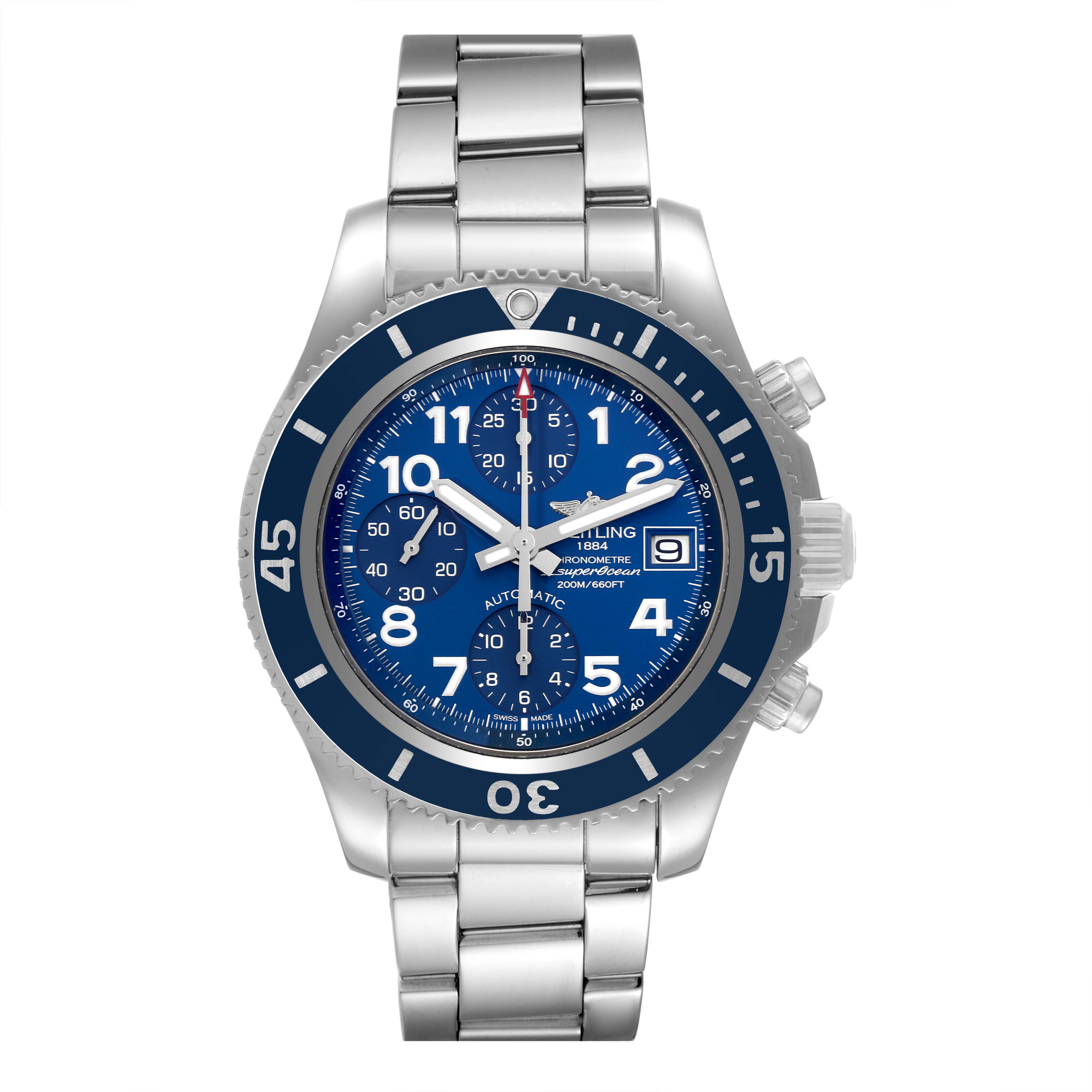 The image shows a frontal view of a Breitling Superocean A13311 Men's Stainless Steel Blue Dial A13311 Men's Stainless Steel Blue Dial watch, displaying its blue dial, stainless steel bracelet, and bezel.