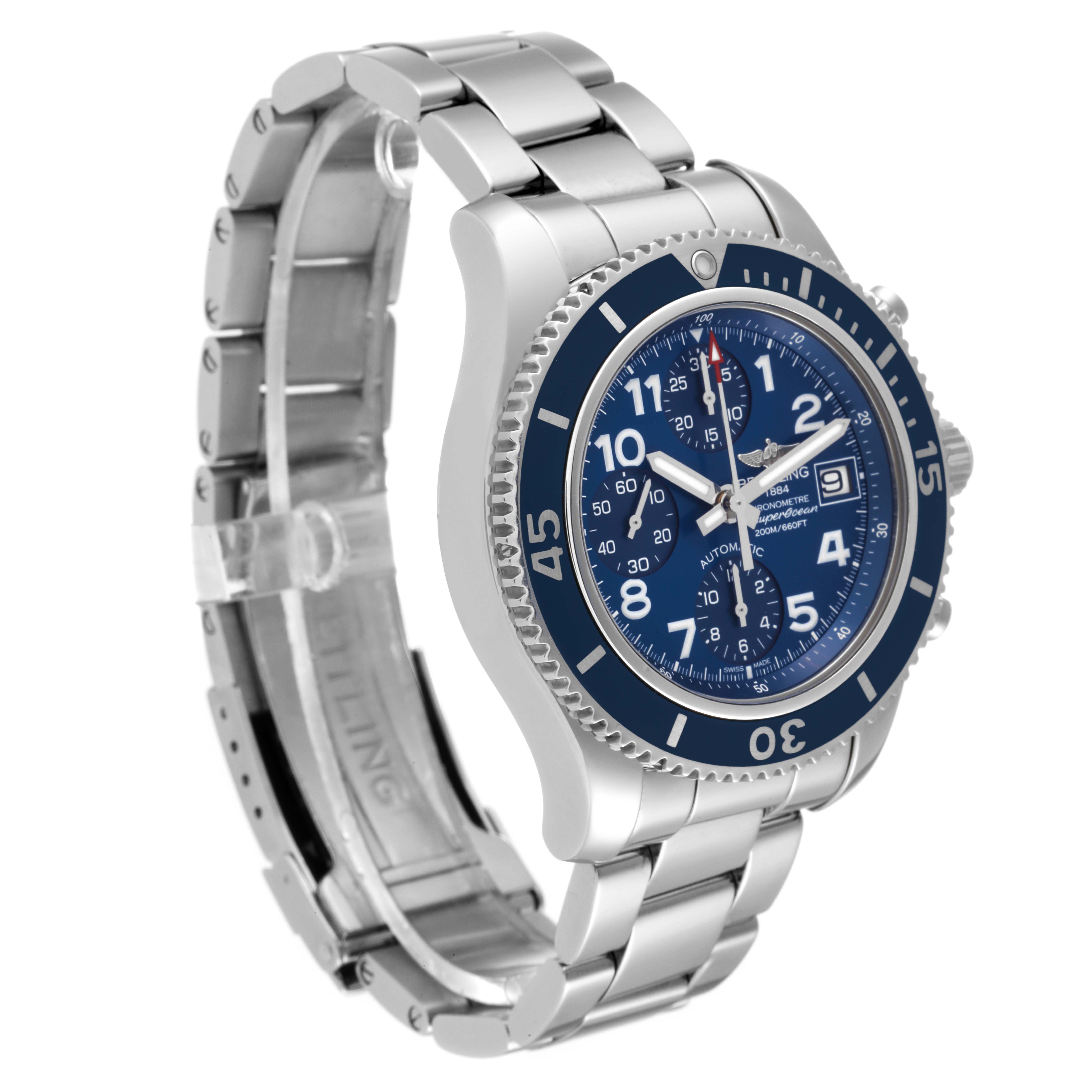 The image shows a Breitling Superocean A13311 Men's Stainless Steel Blue Dial A13311 Men's Stainless Steel Blue Dial watch at an angle showcasing its dial, bezel, and metal bracelet.