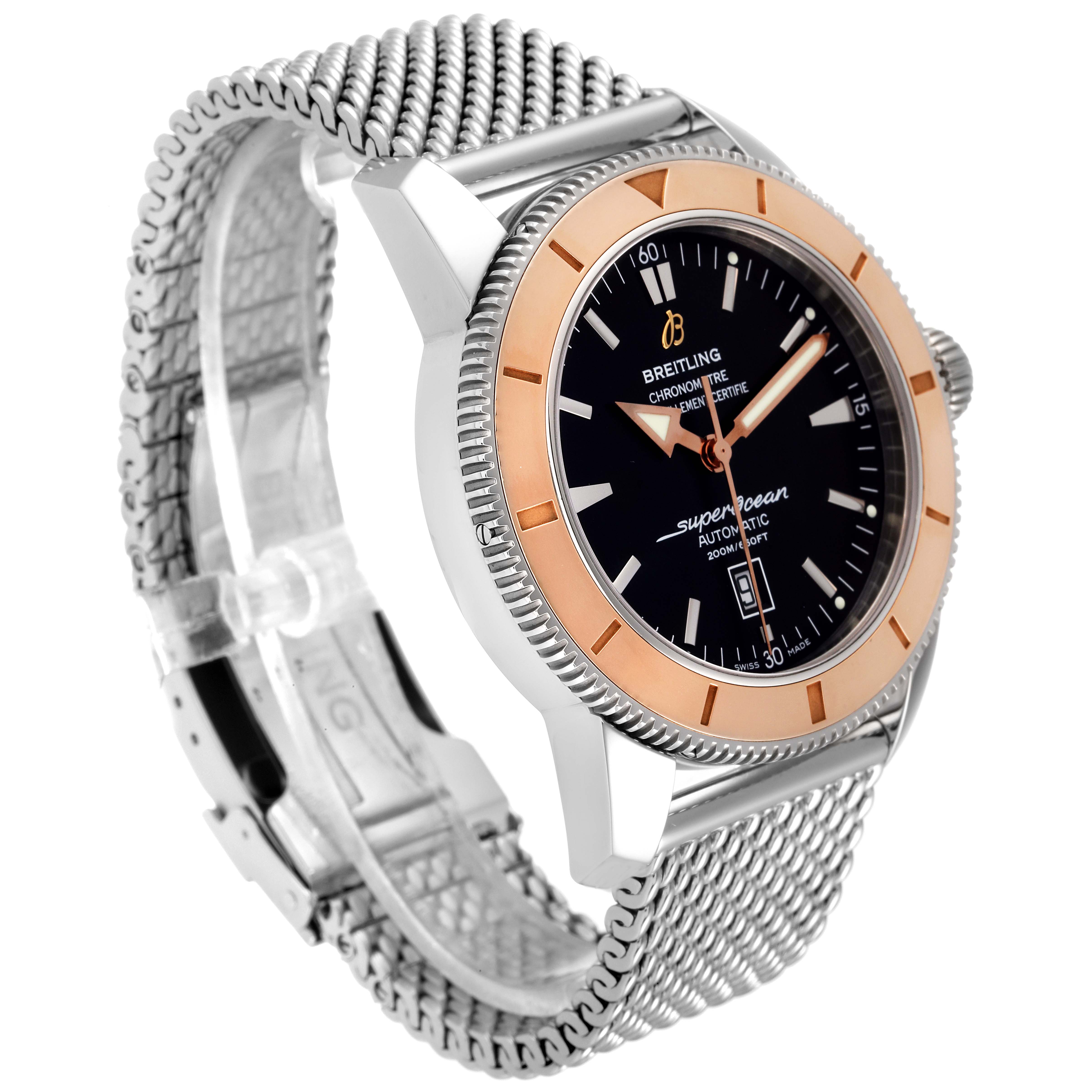 The image shows a Breitling Superocean U17320 Men
s Stainless Steel Black Dial U17320 Men
s Stainless Steel Black Dial watch at an angled side view, highlighting its face, bezel, and metal mesh strap.