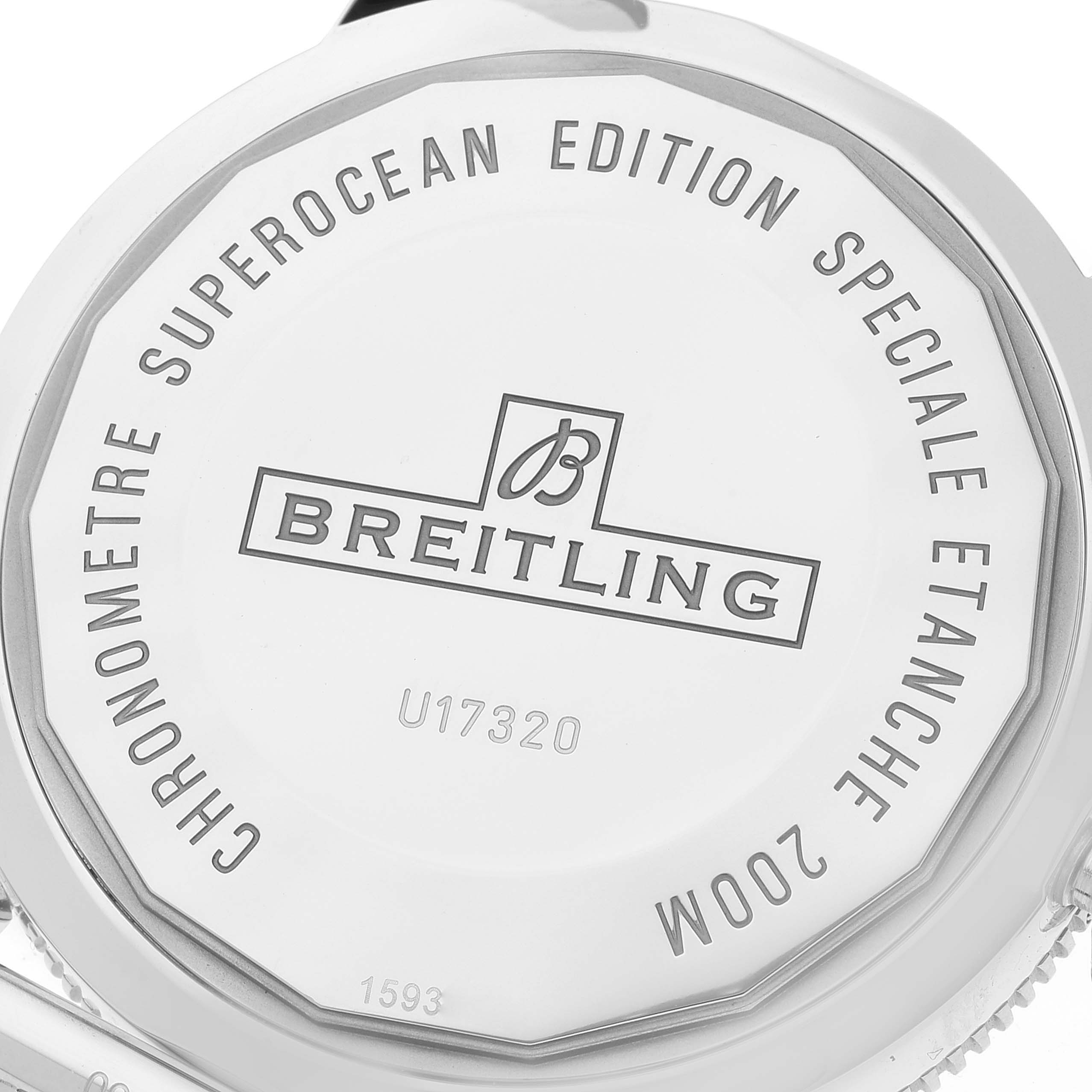 This image shows the back case of the Breitling Superocean U17320 Men
s Stainless Steel Black Dial U17320 Men
s Stainless Steel Black Dial watch, displaying its model details and water resistance.