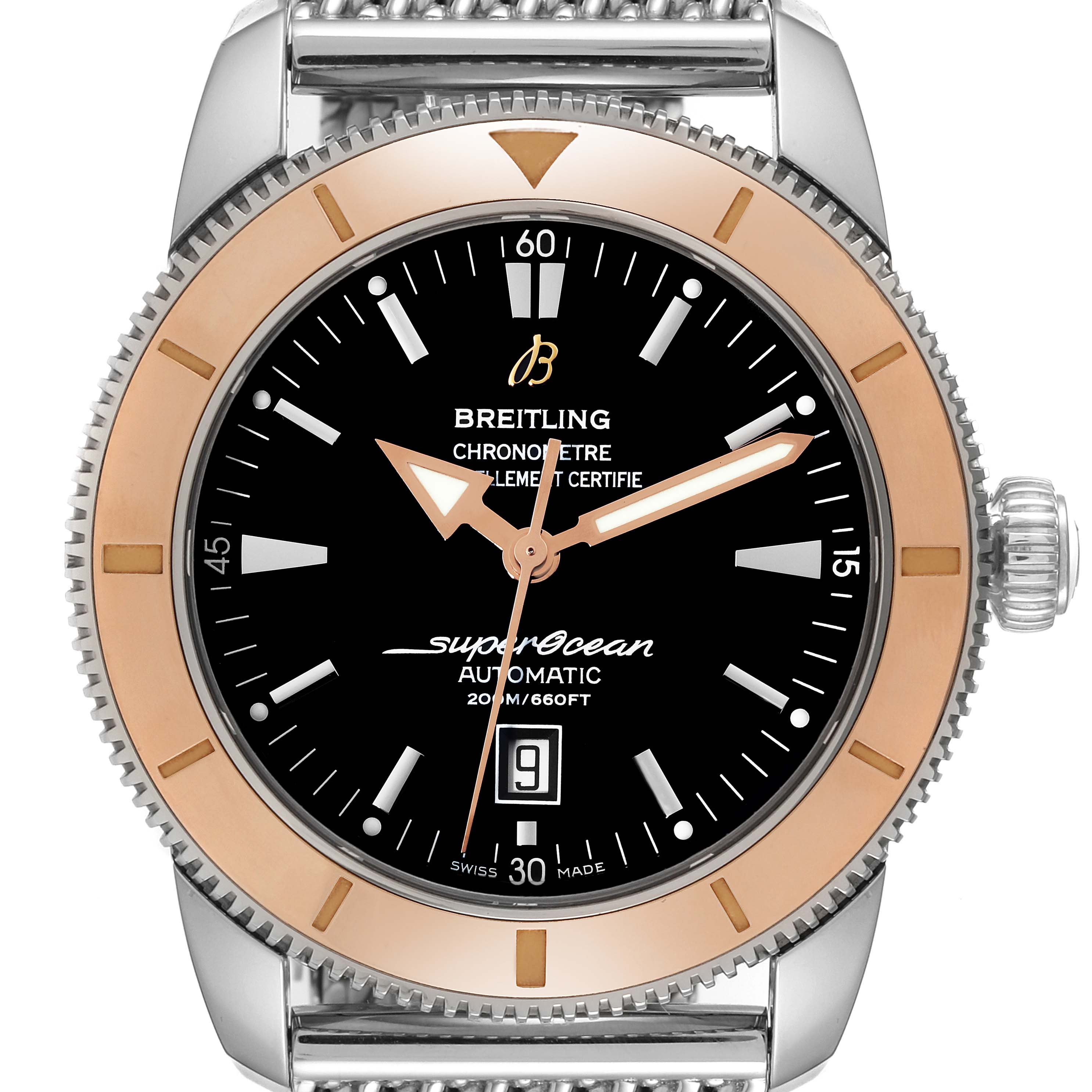 The image shows a front view of the Breitling Superocean U17320 Men
s Stainless Steel Black Dial U17320 Men
s Stainless Steel Black Dial model, highlighting the dial, bezel, and part of the metal band.