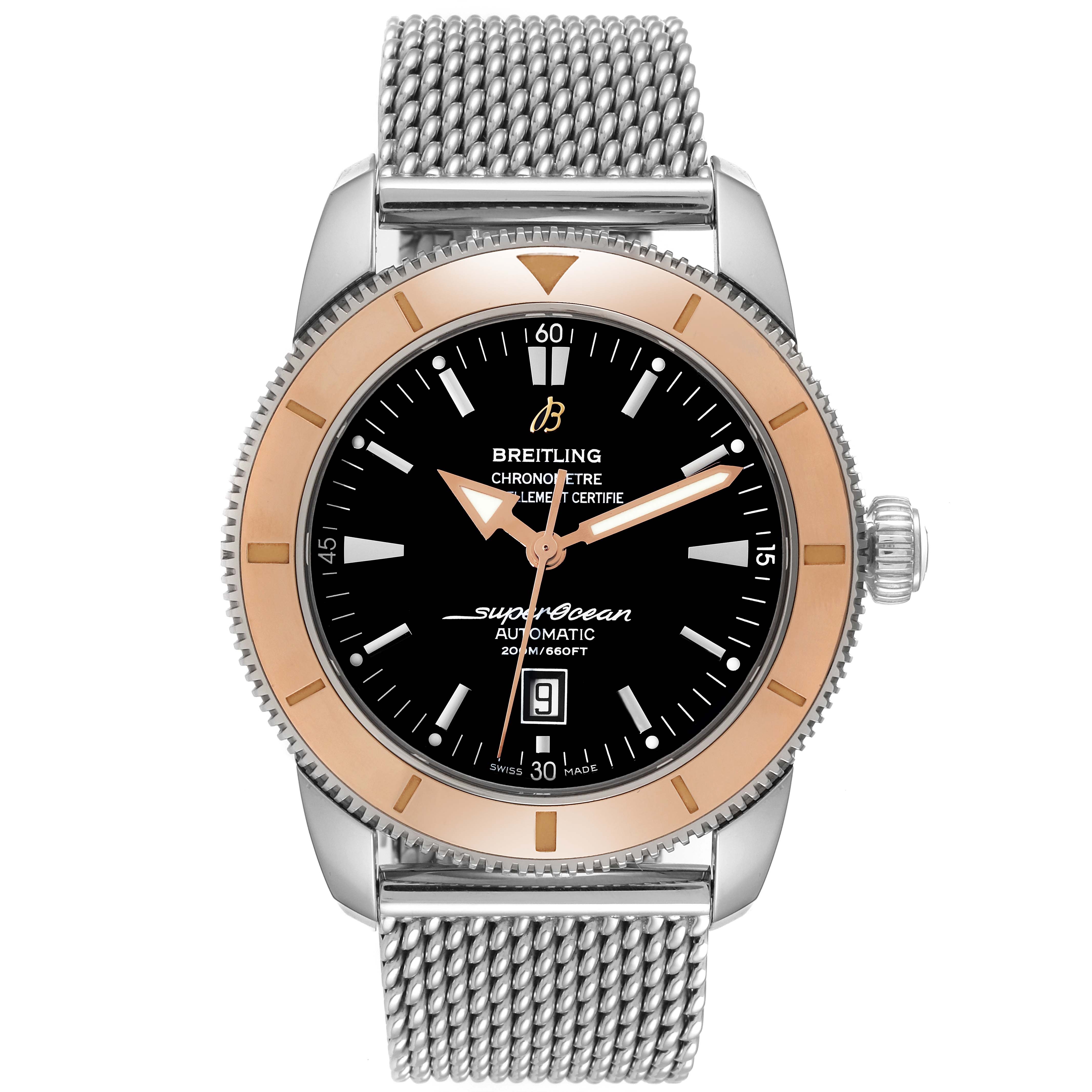 The image shows a frontal view of a Breitling Superocean U17320 Men
s Stainless Steel Black Dial U17320 Men
s Stainless Steel Black Dial watch, highlighting the dial, bezel, crown, and mesh bracelet.