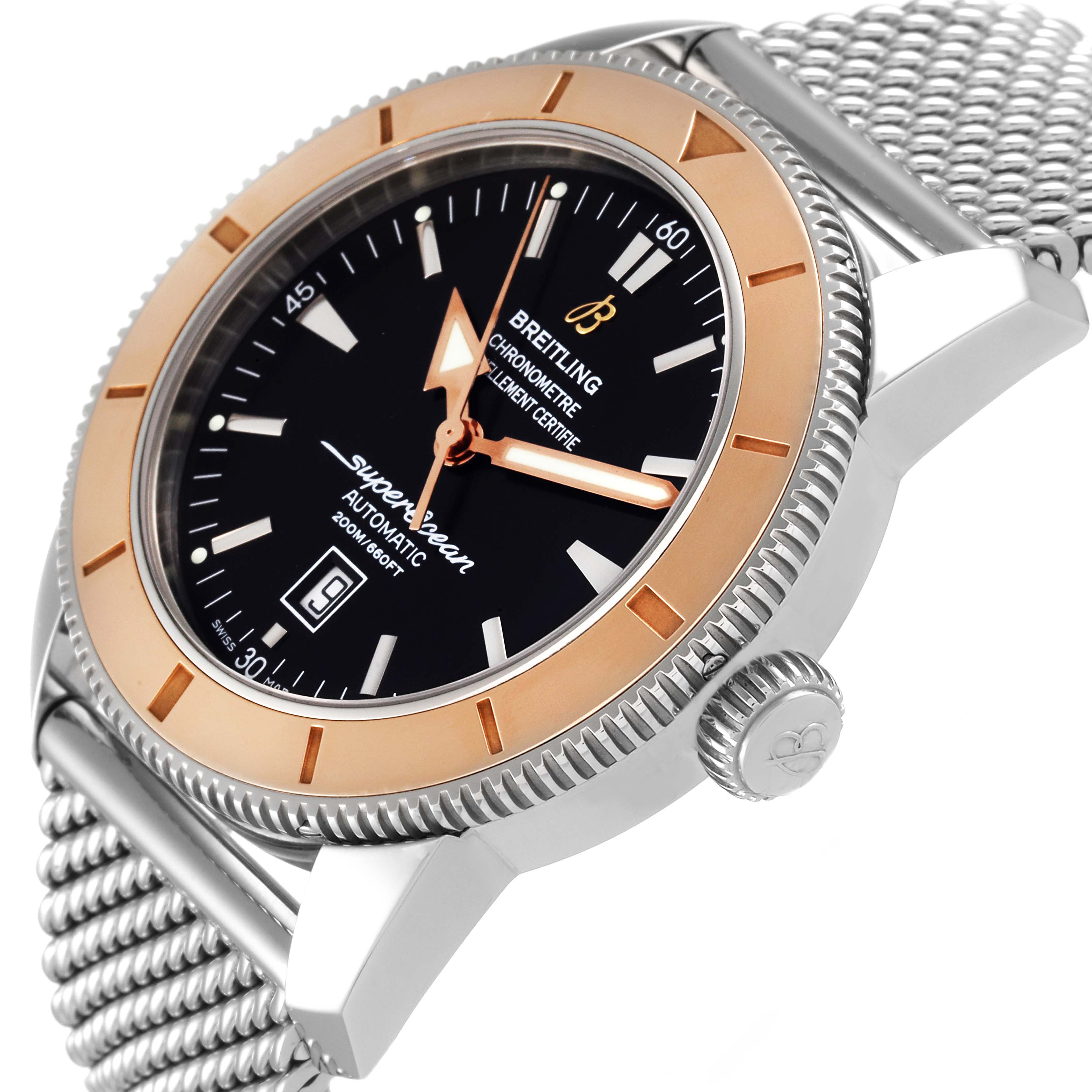 The image shows the Breitling Superocean U17320 Men
s Stainless Steel Black Dial U17320 Men
s Stainless Steel Black Dial watch at an angle highlighting its dial, bezel, crown, and part of the mesh bracelet.