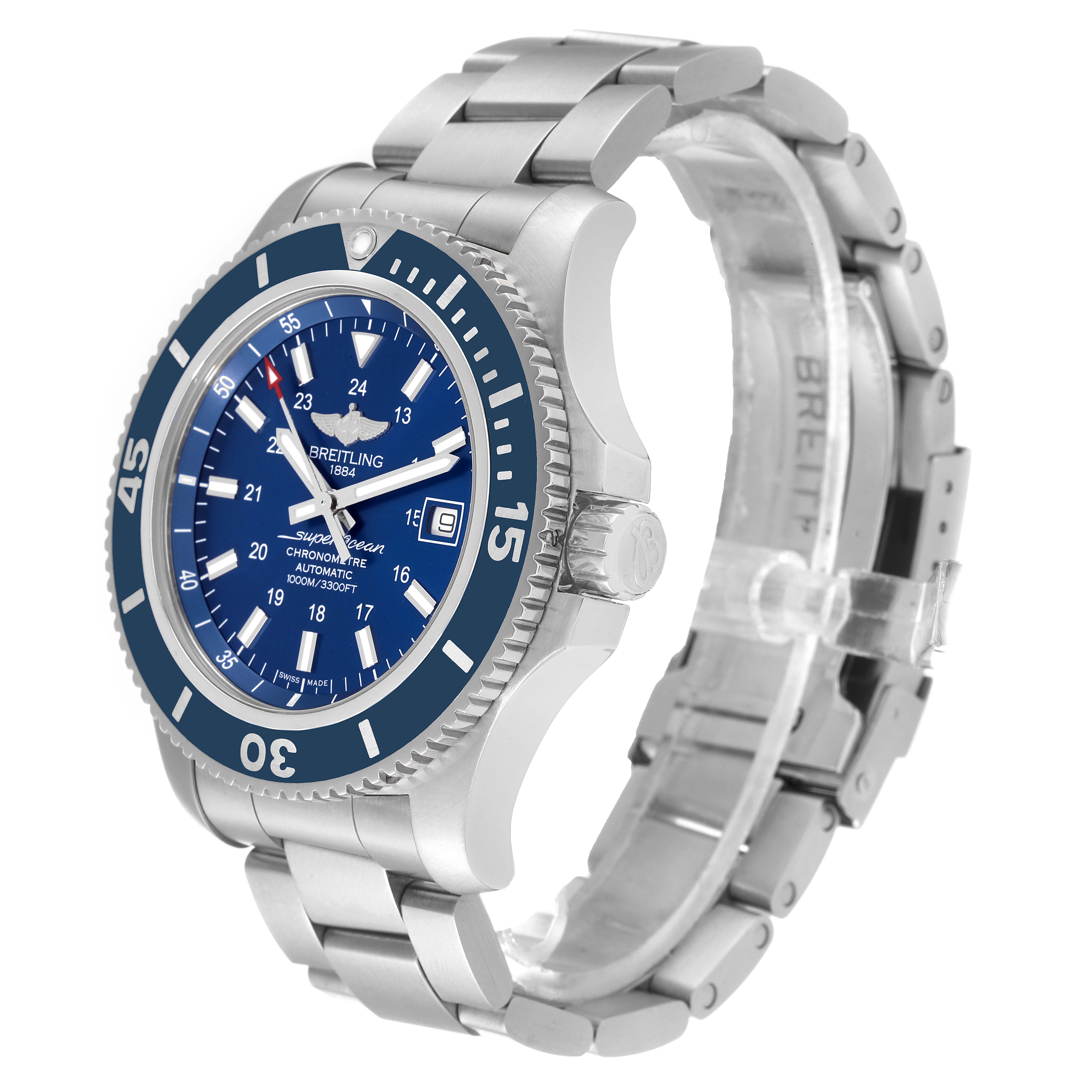 This Breitling Superocean A17392 Men
s Stainless Steel Blue Dial A17392 Men
s Stainless Steel Blue Dial watch is pictured from a 3/4 angle, showing the face, bezel, crown, and metal bracelet.