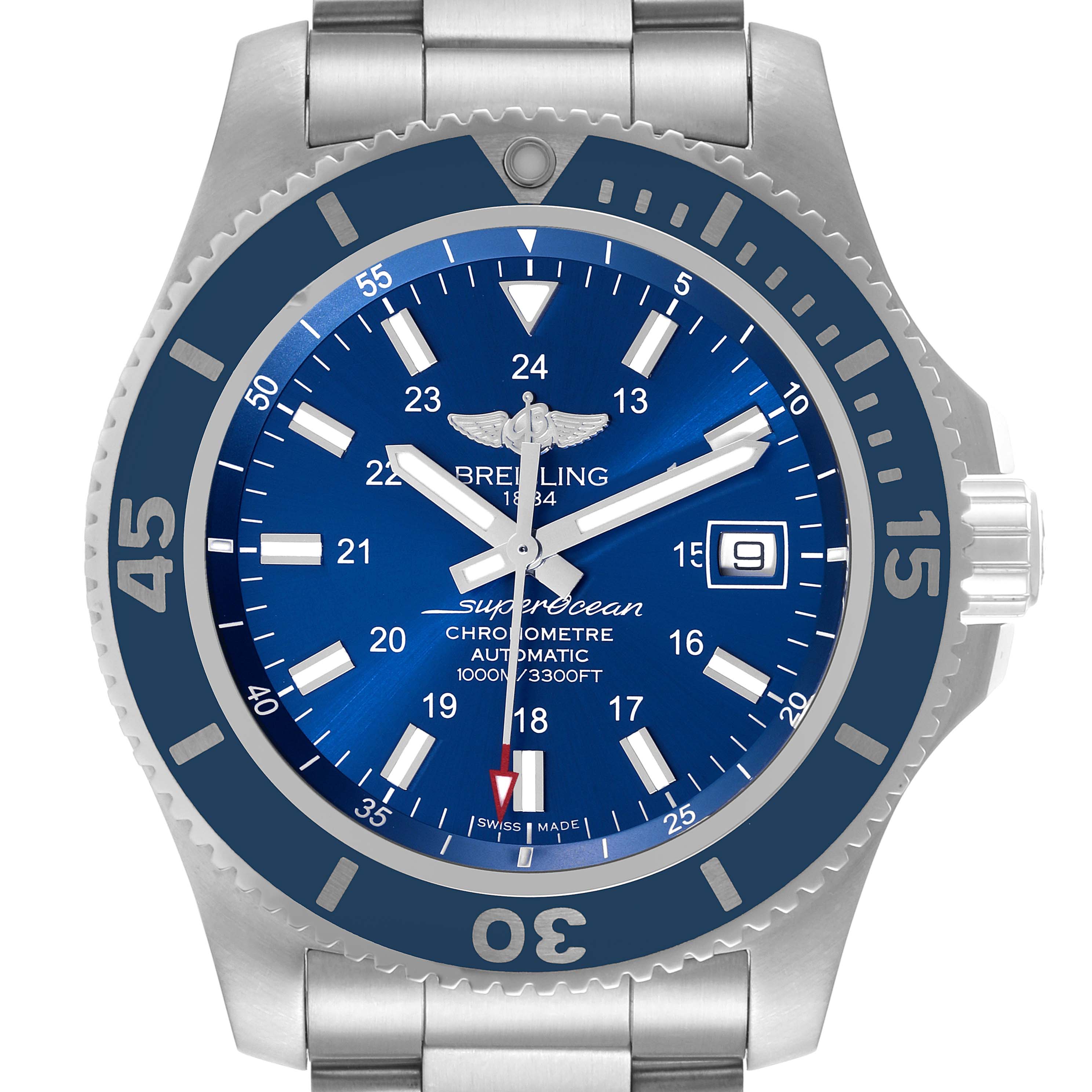 The image shows a front view of the Breitling Superocean A17392 Men
s Stainless Steel Blue Dial A17392 Men
s Stainless Steel Blue Dial watch, detailing its blue dial, rotating bezel, and stainless steel bracelet.