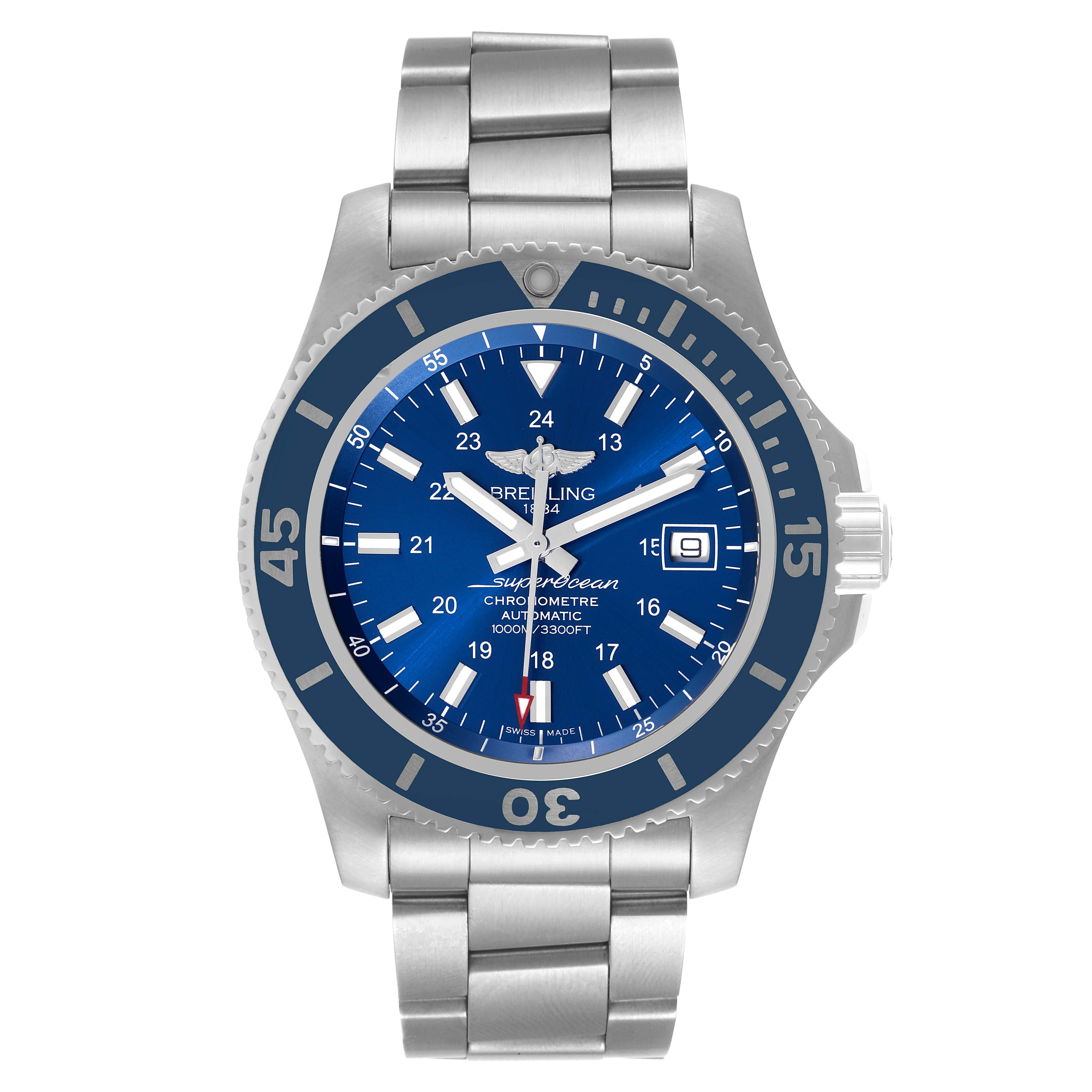The image shows a frontal view of a Breitling Superocean A17392 Men
s Stainless Steel Blue Dial A17392 Men
s Stainless Steel Blue Dial watch, displaying its blue dial, bezel, and stainless steel bracelet.