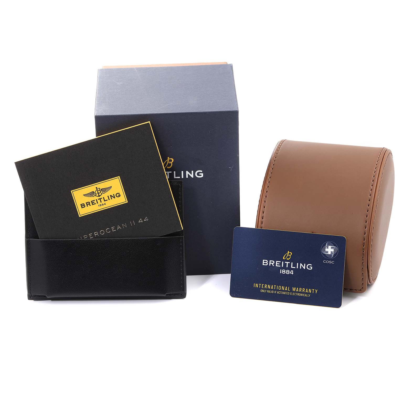 The image shows the packaging, warranty card, manual, and watch case for the Breitling Superocean A17392 Men
s Stainless Steel Blue Dial A17392 Men
s Stainless Steel Blue Dial model.