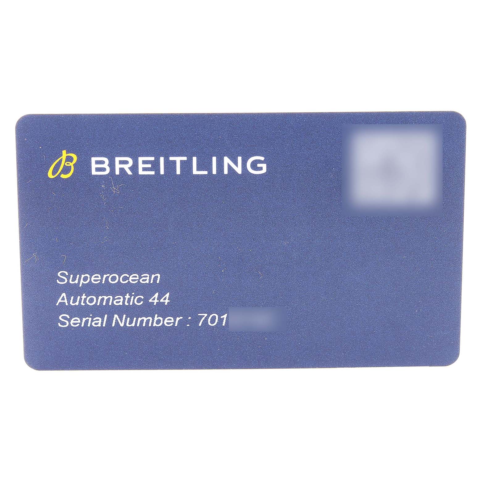 The image shows the warranty card for the Breitling Superocean A17392 Men
s Stainless Steel Blue Dial A17392 Men
s Stainless Steel Blue Dial Automatic 44 watch.