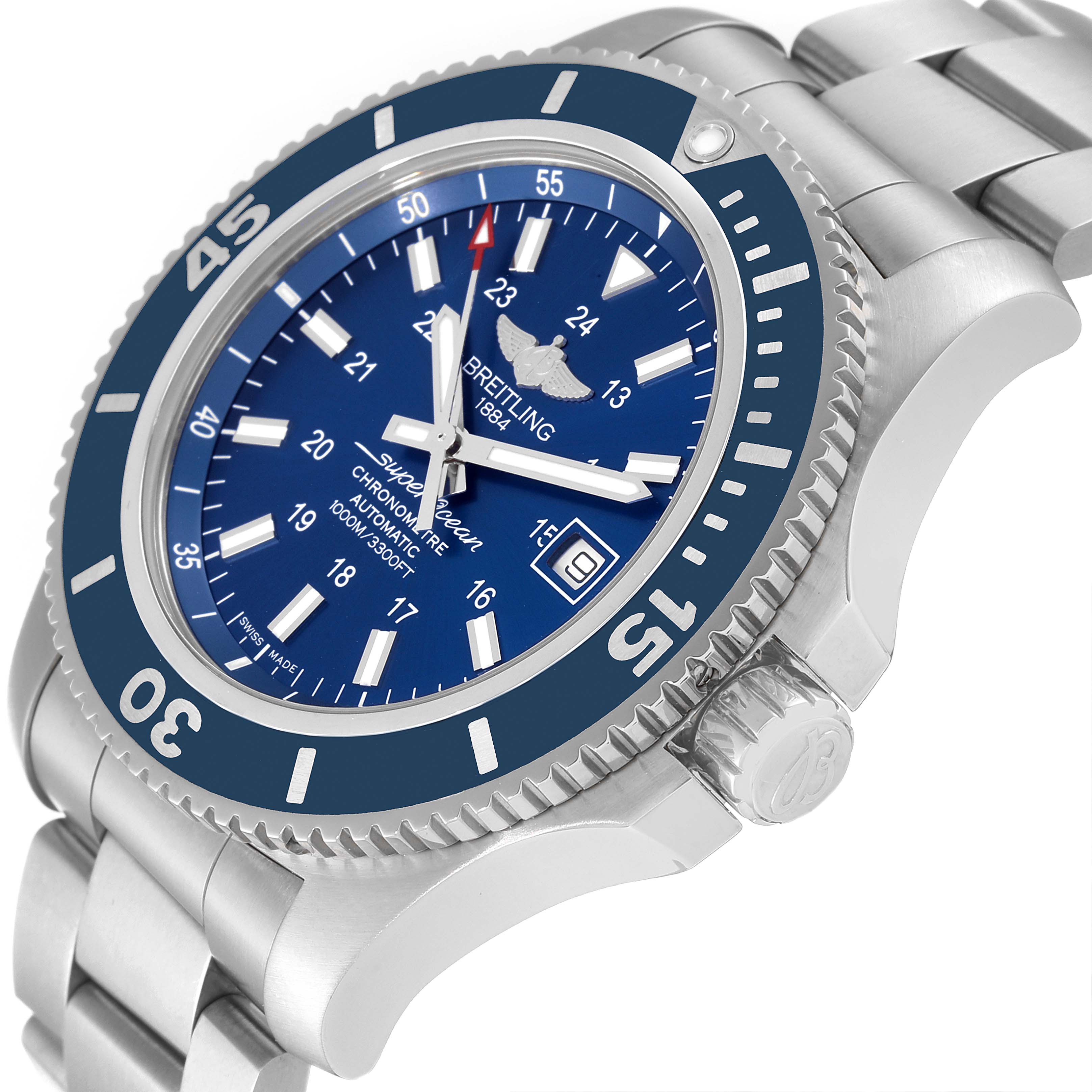 The image shows a side angle of the Breitling Superocean A17392 Men
s Stainless Steel Blue Dial A17392 Men
s Stainless Steel Blue Dial watch, highlighting its bezel, bracelet, and crown.
