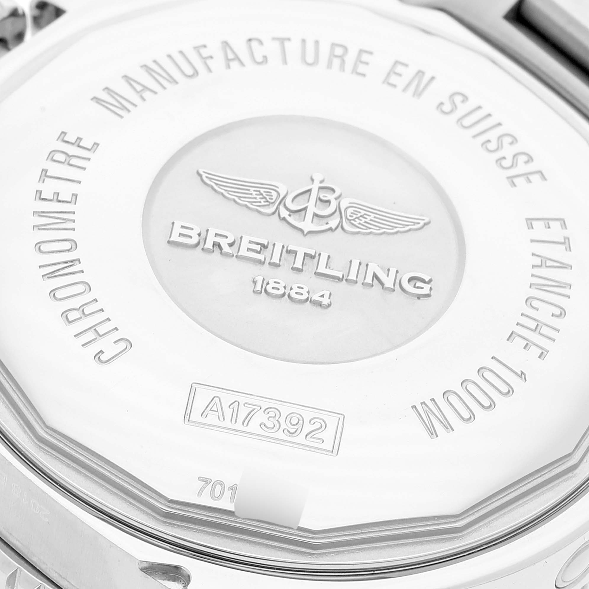 This image shows the back case of a Breitling Superocean A17392 Men
s Stainless Steel Blue Dial A17392 Men
s Stainless Steel Blue Dial watch, highlighting branding and specifications.