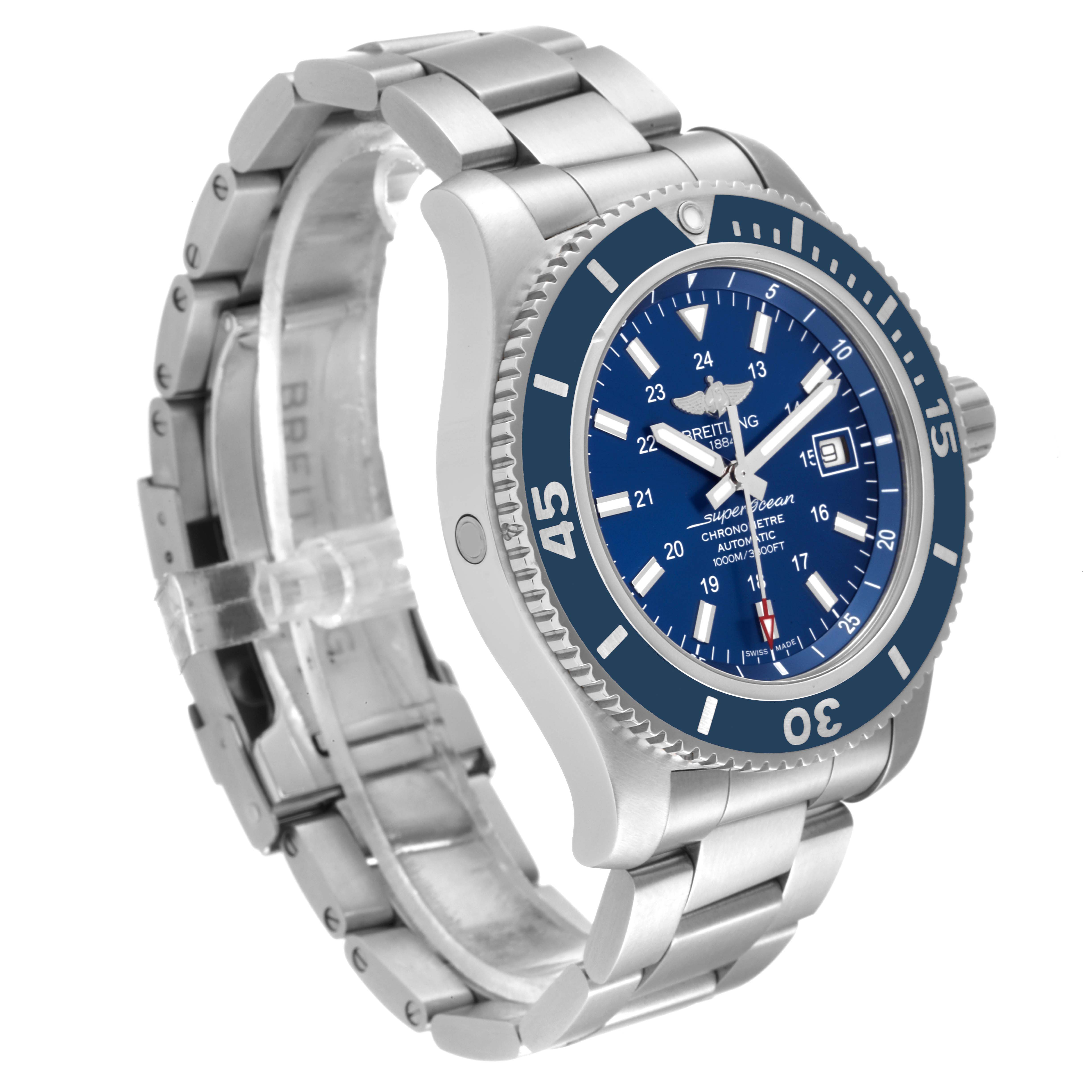 The image shows a Breitling Superocean A17392 Men
s Stainless Steel Blue Dial A17392 Men
s Stainless Steel Blue Dial watch from an angled side view, displaying its blue dial, bezel, and stainless steel bracelet.