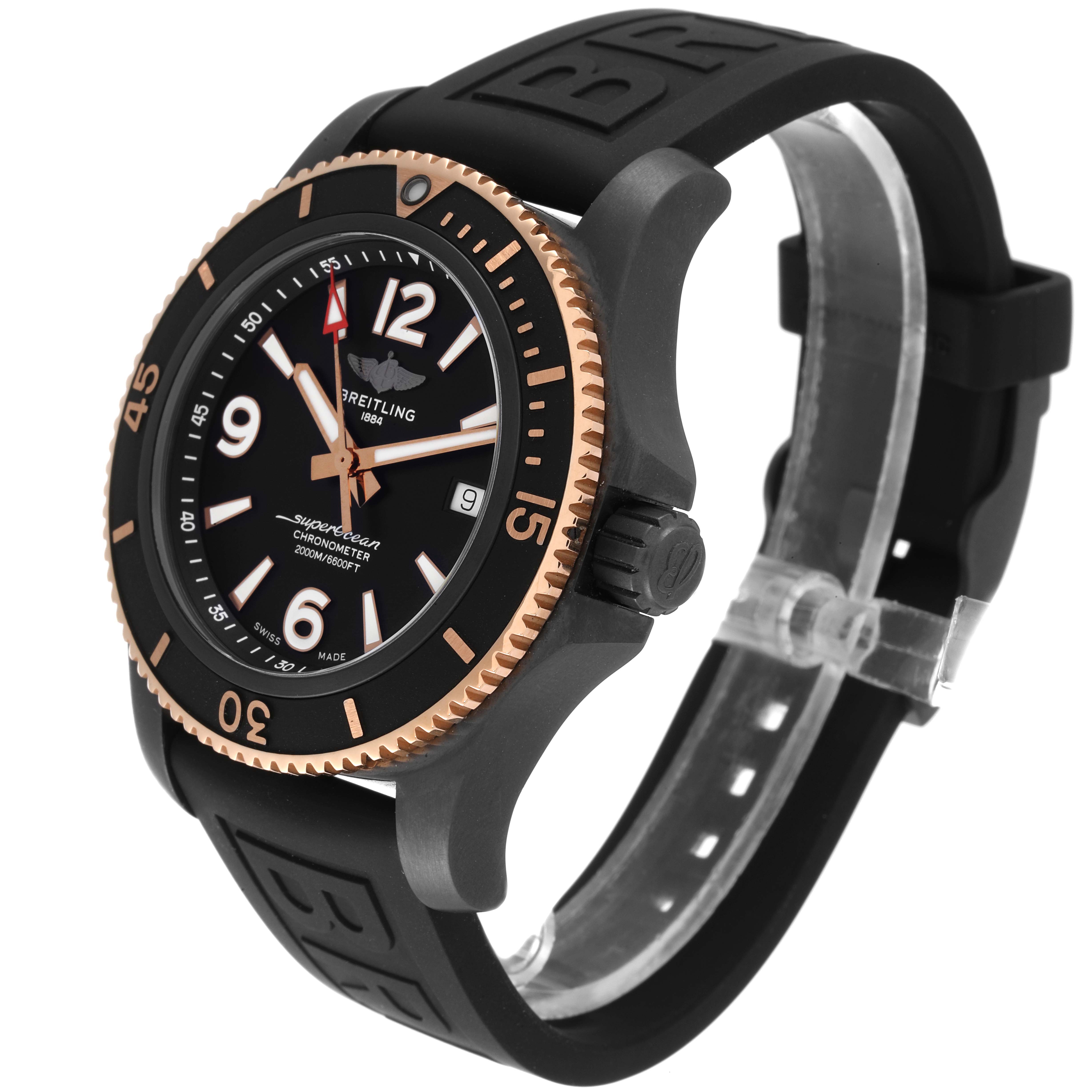 The image shows a Breitling Superocean U17368 Men's Stainless Steel Black Dial U17368 Men's Stainless Steel Black Dial watch at a three-quarter angle, highlighting the face, bezel, case, and rubber strap.