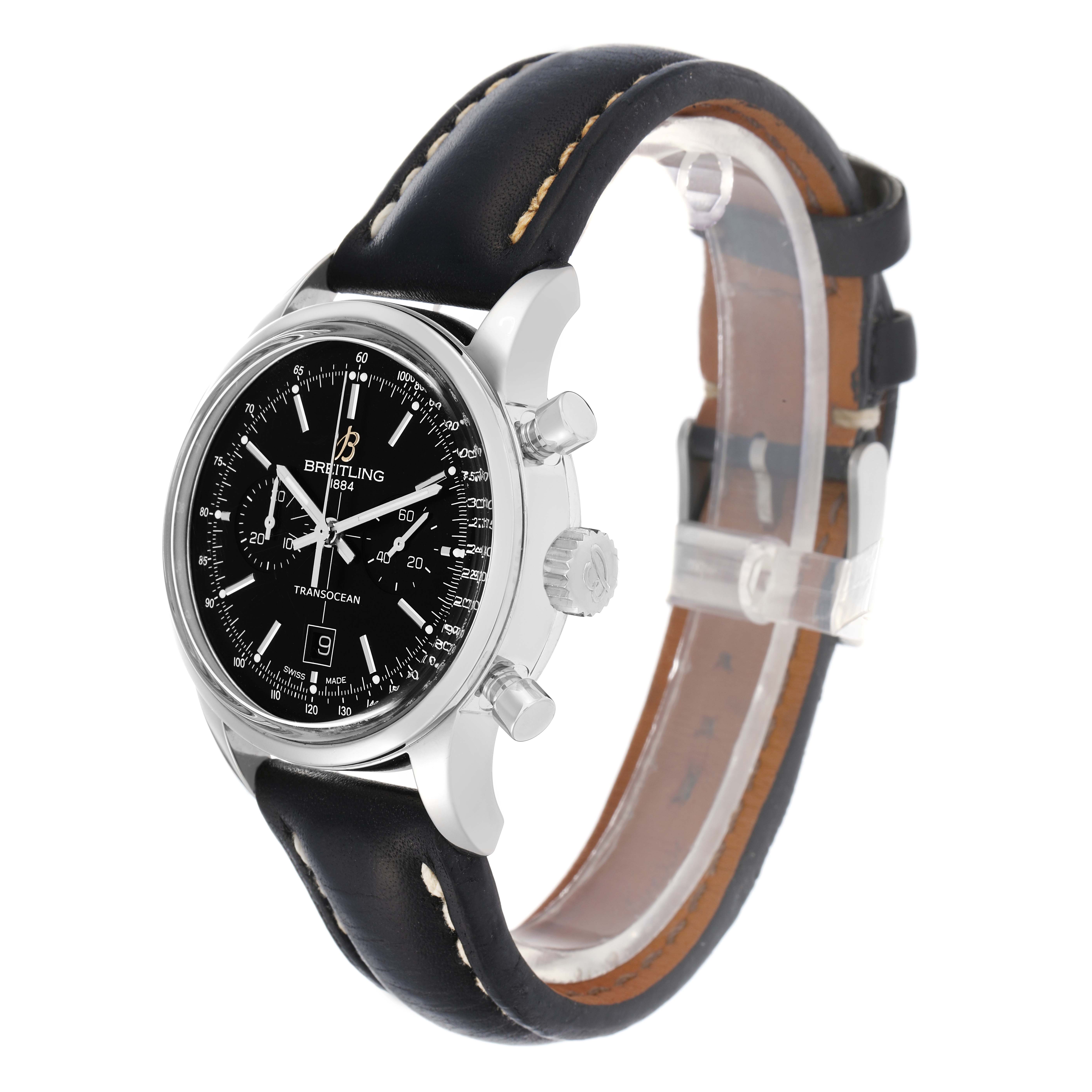 The Breitling Transocean A41310 Men
s Stainless Steel Black Dial watch is shown at a three-quarter angle, featuring the black dial, case, side pushers, and leather strap.