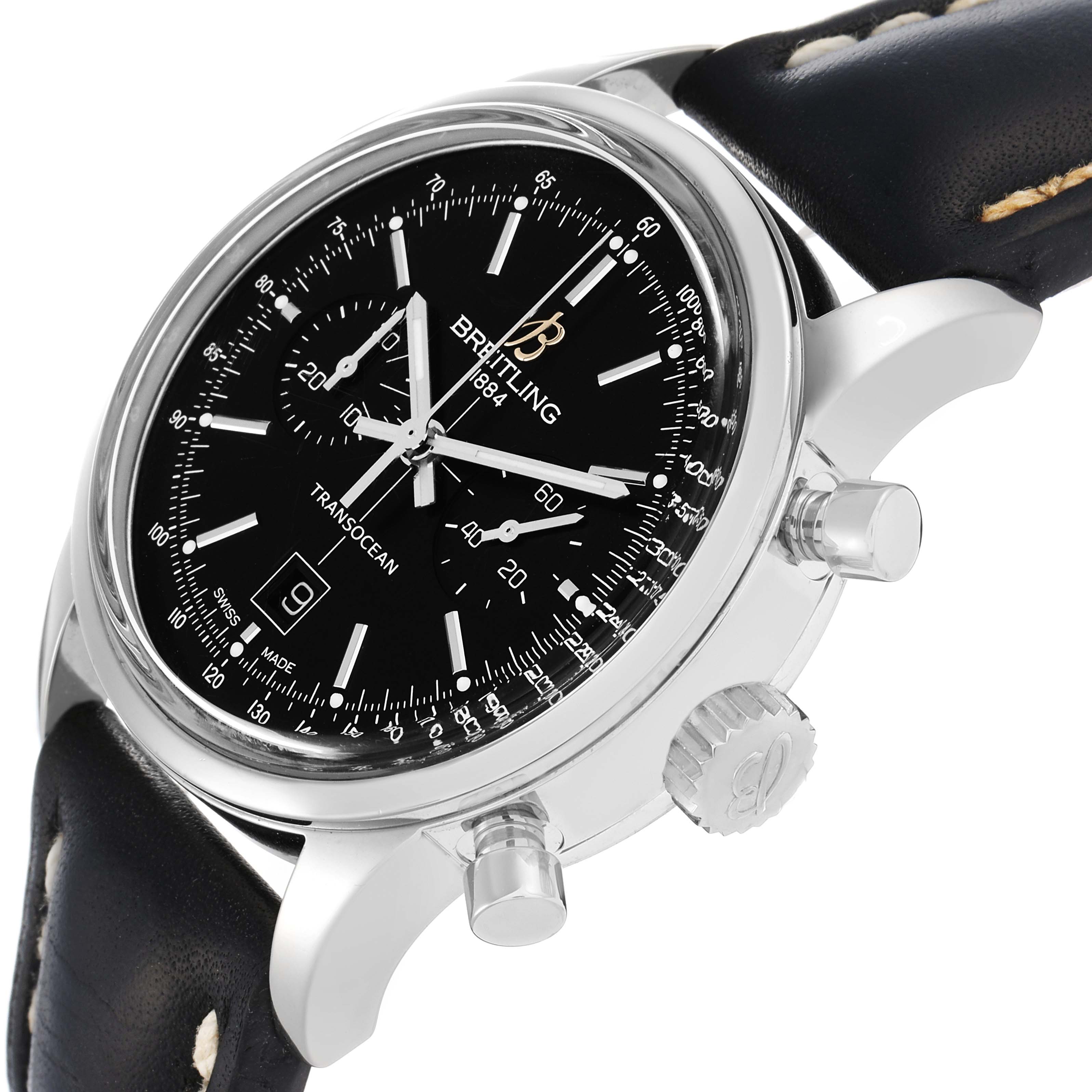 The Breitling Transocean A41310 Men
s Stainless Steel Black Dial watch is shown at an angled side view, highlighting the dial, bezel, crown, pushers, and leather strap.