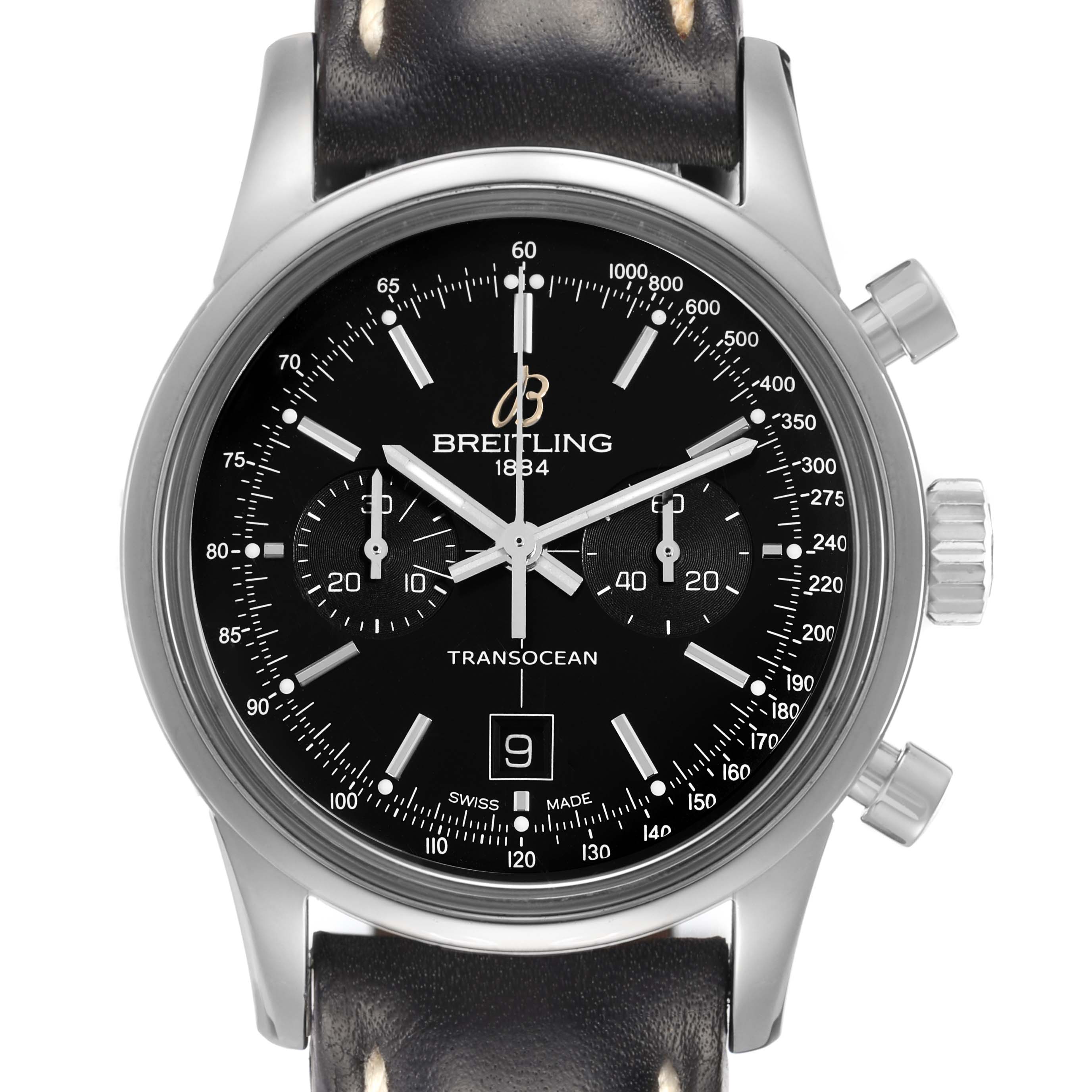 The Breitling Transocean A41310 Men
s Stainless Steel Black Dial watch is shown from the front, displaying its dial, subdials, crown, and pushers.