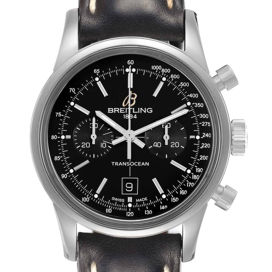 The Breitling Transocean A41310 Men's Stainless Steel Black Dial watch is shown from the front, displaying its dial, subdials, crown, and pushers.