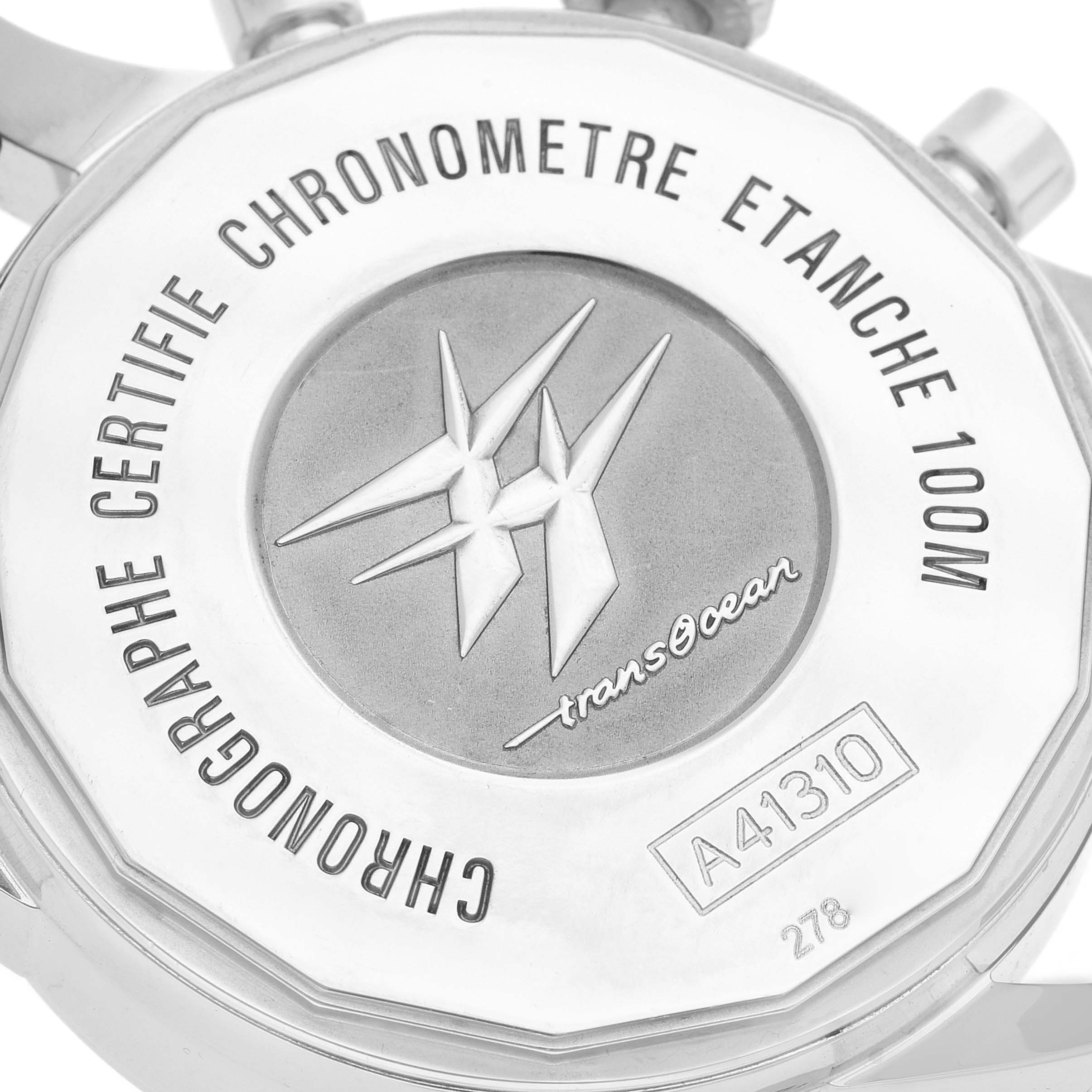 The image shows the case back of the Breitling Transocean A41310 Men
s Stainless Steel Black Dial watch, highlighting the engravings and logo.