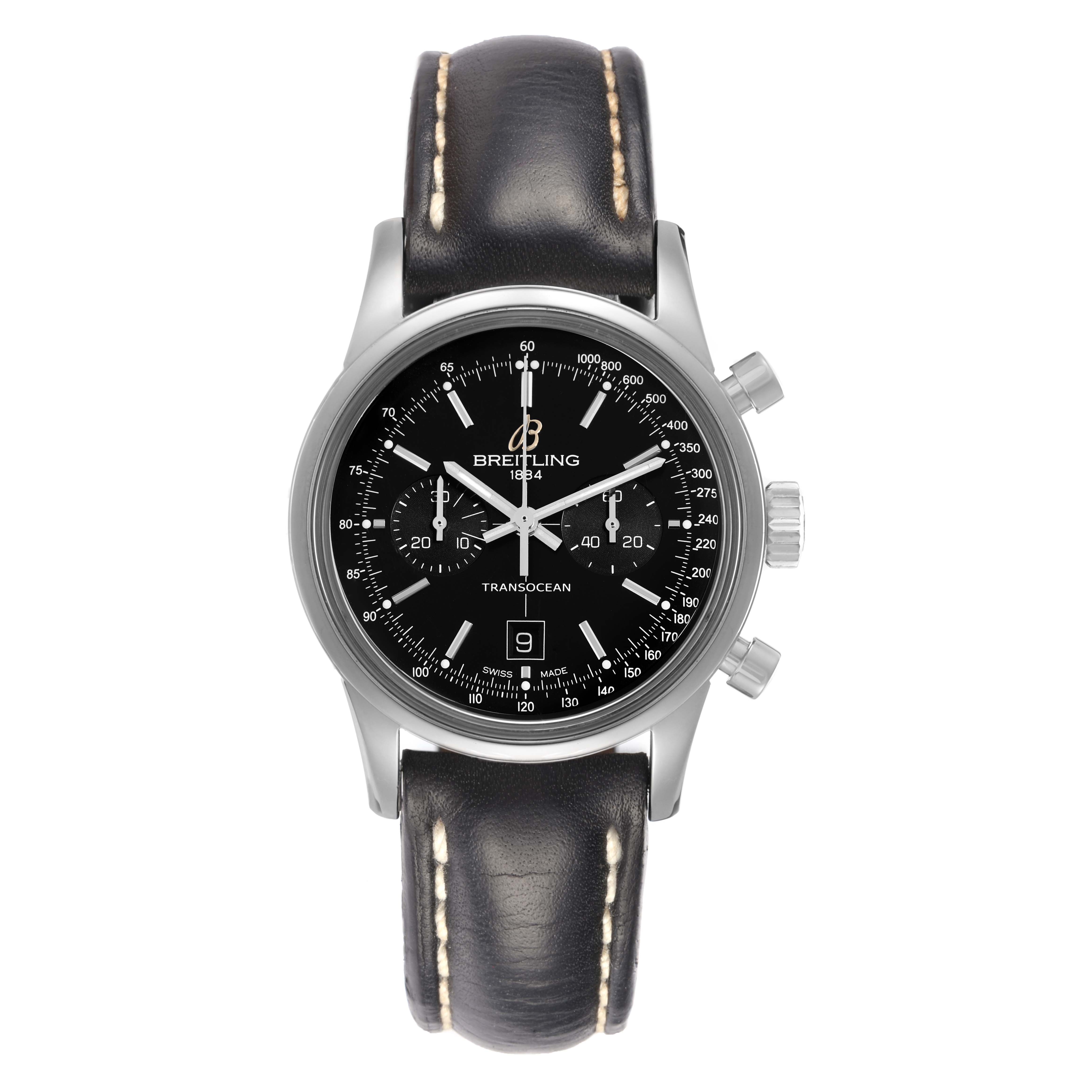 The Breitling Transocean A41310 Men
s Stainless Steel Black Dial watch is shown from a front angle, displaying its face, chronograph dials, case, and leather strap.