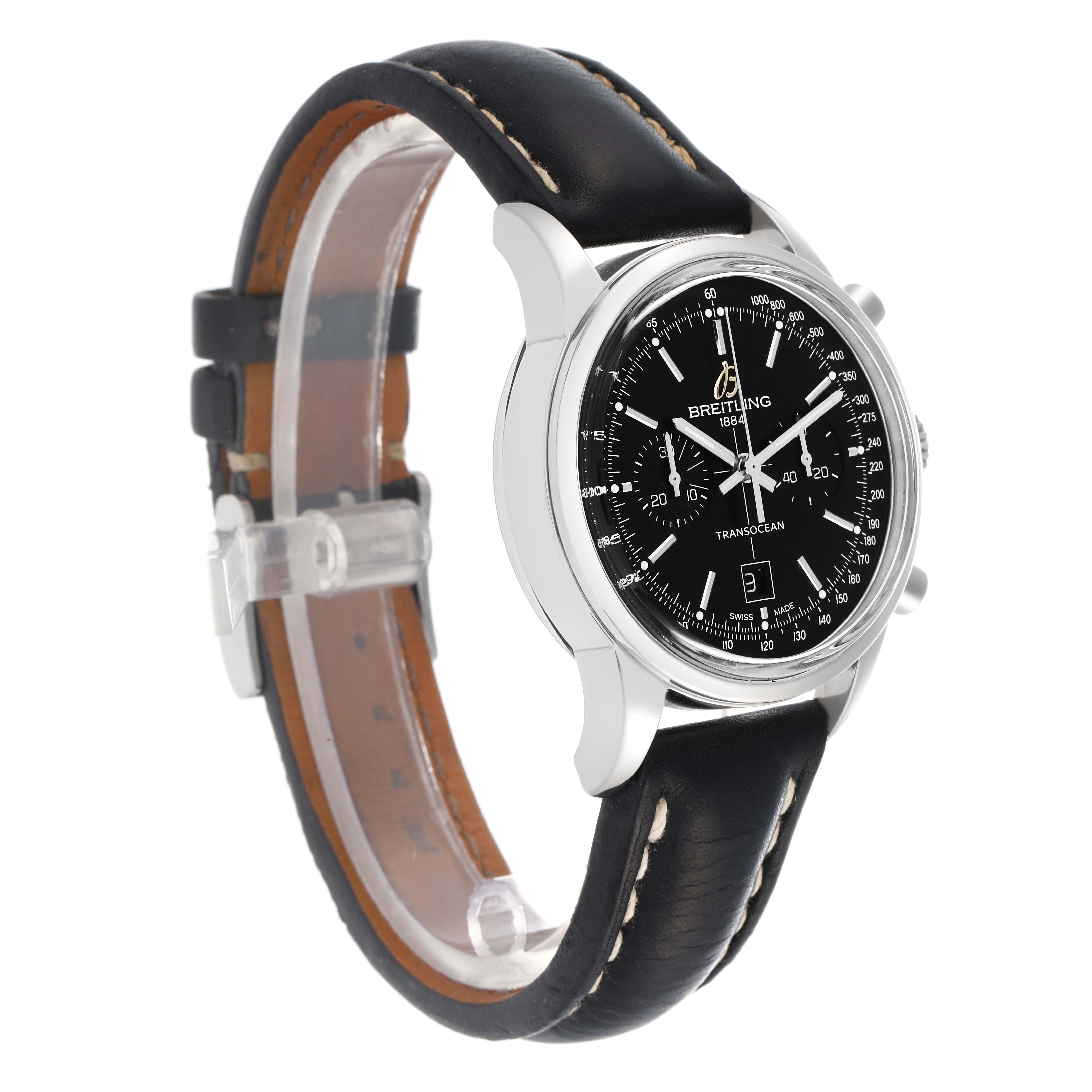 The Breitling Transocean A41310 Men
s Stainless Steel Black Dial watch is shown at a slight angle, highlighting the face, case, and black leather strap.